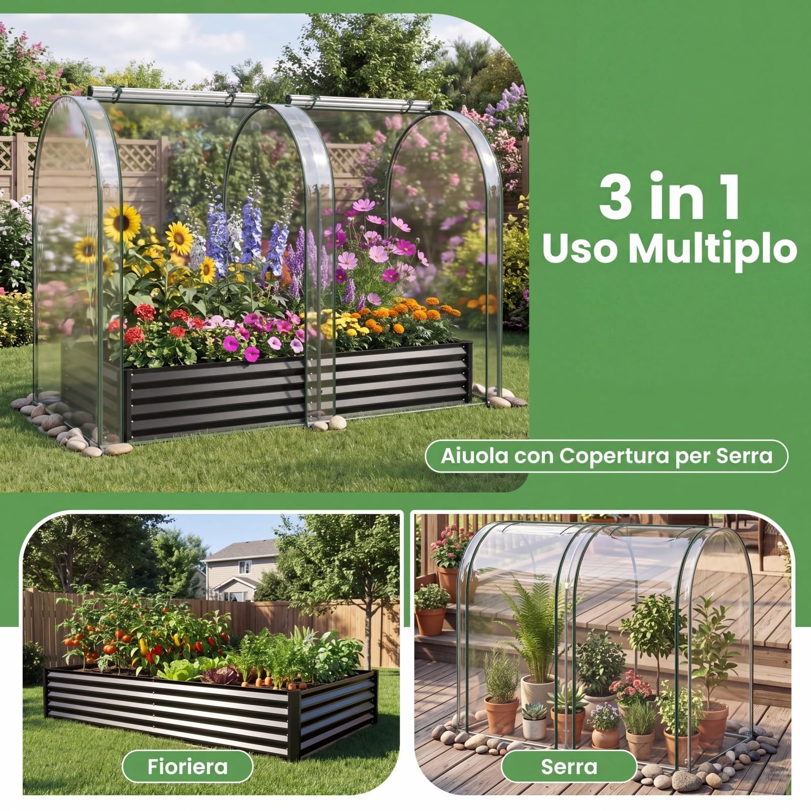 COSTWAY Orto Rialzato da Giardino con Serra, Fioriera da Esterno in Metallo con Copertura Apribile in PVC, Letto Rialzato da Esterno per Giadino, Cortile e Balcone 198 x 100 x 145 cm (Nero)