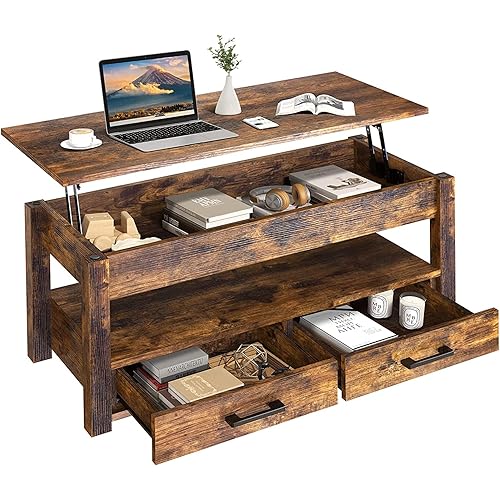 FABATO 41.7'' Lift Top Coffee Table with 2 Storage Drawer Hidden Compartment Open Storage Shelf for Living Room Dining Table Reception Room Rustic Brown
