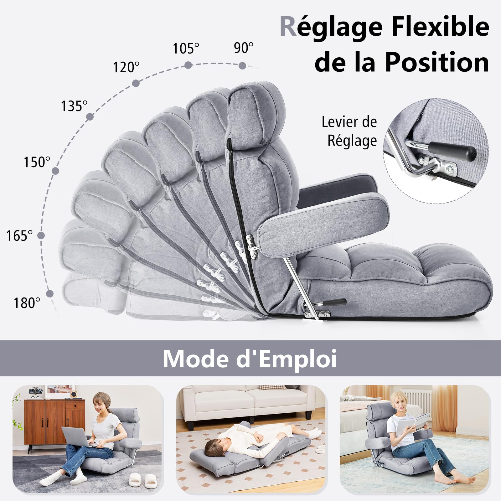 RELAX4LIFE Fauteuil de Sol Pliable avec Dossier Réglable 90-180°|Appui-Tête Réglable|Support Lombaire|Position à Plat|Accoudoirs Rabattables, Fateuil Relaxant pour Salon Chambre Bureau (Gris)