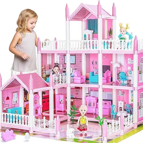 Miniatura 1 de Casa de muñecas grande para niños, 3 pisos, 8 habitaciones, casa de ensueño de princesa, juguetes con muebles de muñecas y muñecas, casa de muñecas