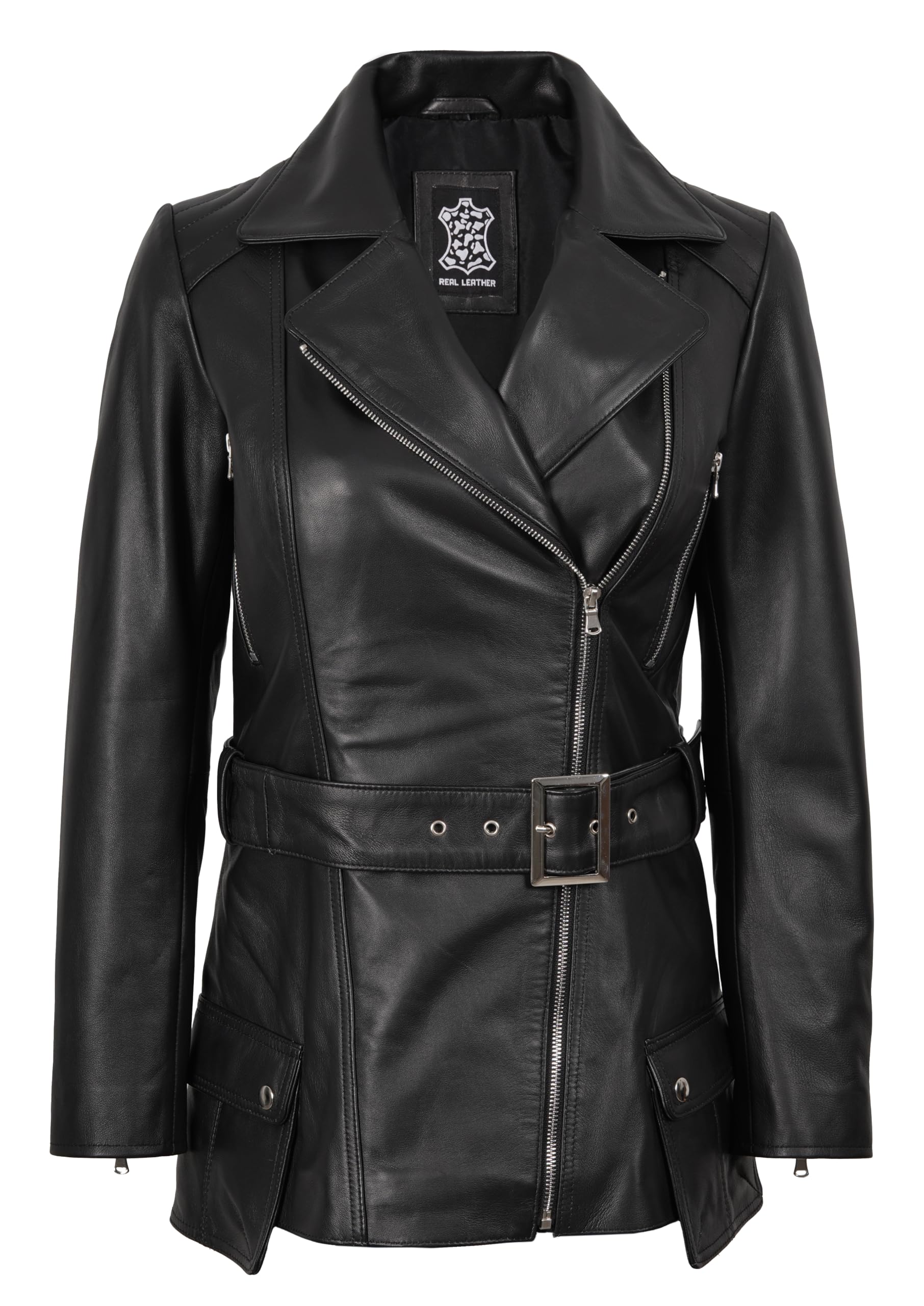 Decrum Asymmetrical Womens Leather Jacket - Belted Style Real Lambskin Leather Jackets For Women — view 2