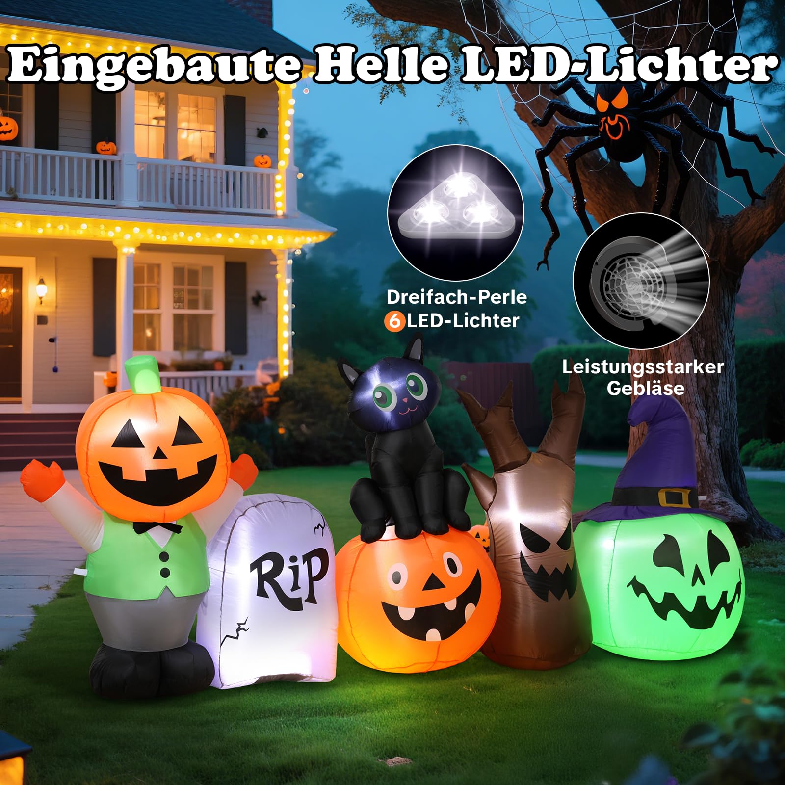 250CM Lange Halloween Aufblasbare Dekoration mit Integrierten LED, Schwarz Katze Grabstein Kürbis Deko Aufblasbare Gartendekoration Halloween Decoration für Outdoor Rasen Garten Veranda Party