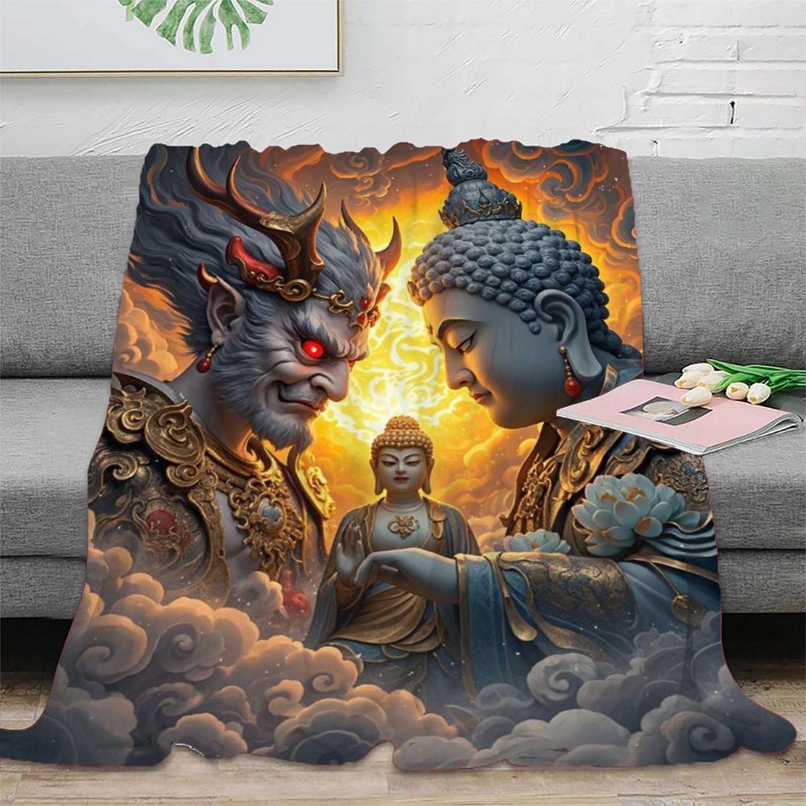 XiaopangXY Rest Time Buddha Statue Blanket 40x50inch(100x130cm) Reversible Sherpa Fleece Half Demon Half Buddha Blankets Fluffy Polyester Blanket Soft & Warm Bed Blanket for Home Life & Travel