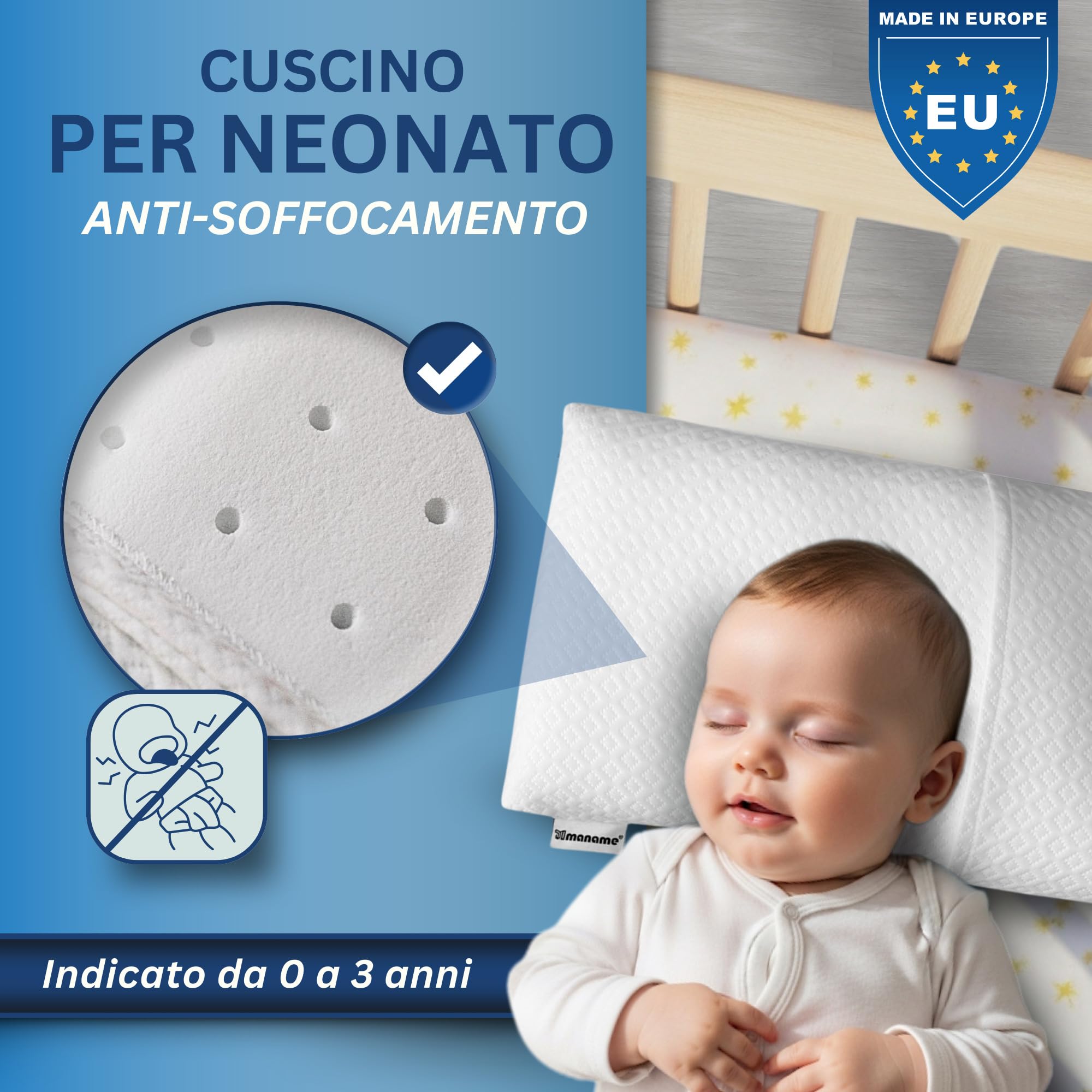 maname Cuscino Neonato 0-1-2-3 Anni Plagiocefalia Antisoffoco Antireflusso - Cuscino Lettino Bambino Viscoelastico Ergonomico - 40x60 Basso, Doppio Rivestimento Anti-Acari Traspirante - Baby Pillow