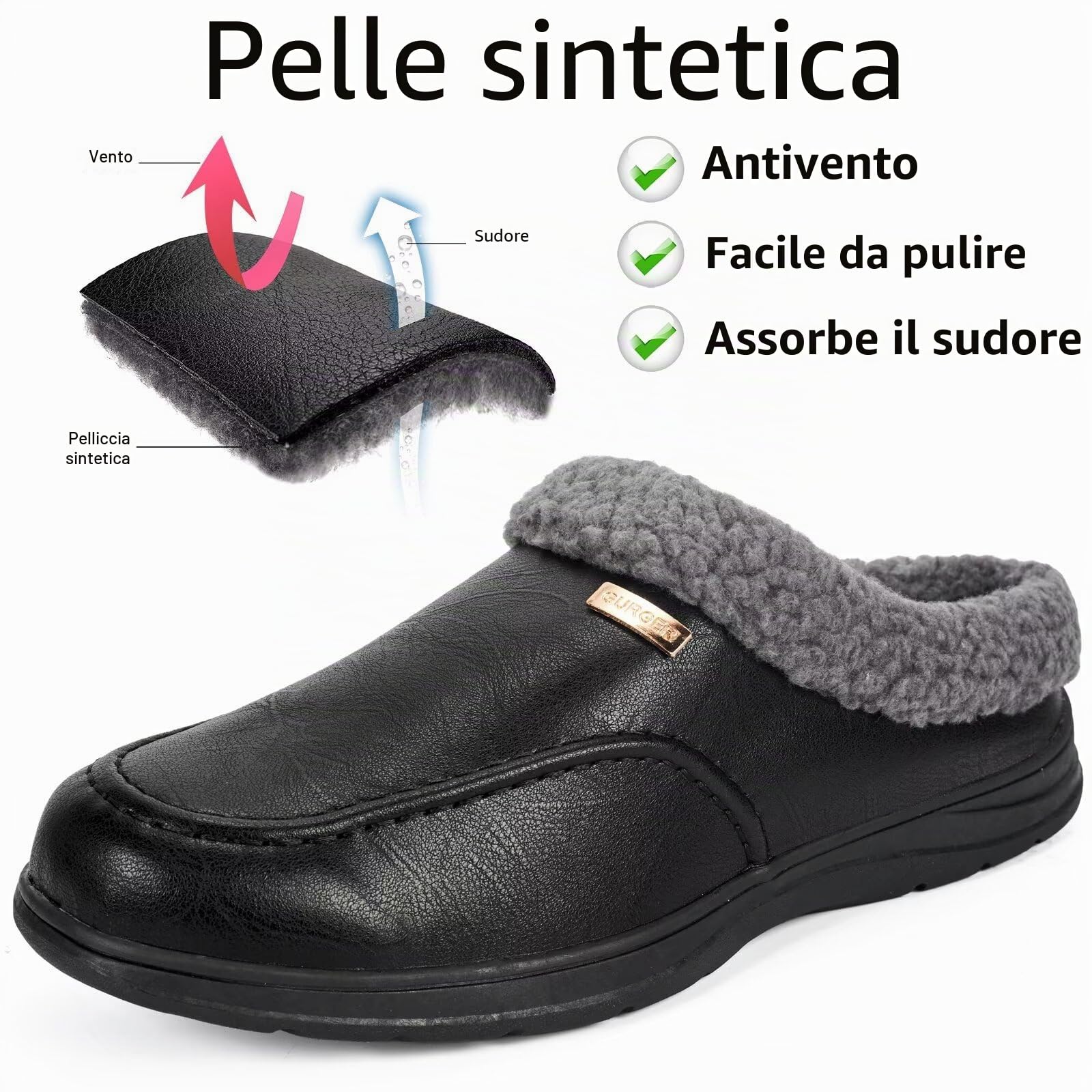 Pantofole Uomo Pelle Invernali Fodera Calda Zoccoli e Sabot Antiscivolo Comode Peluche Ciabatte da Casa