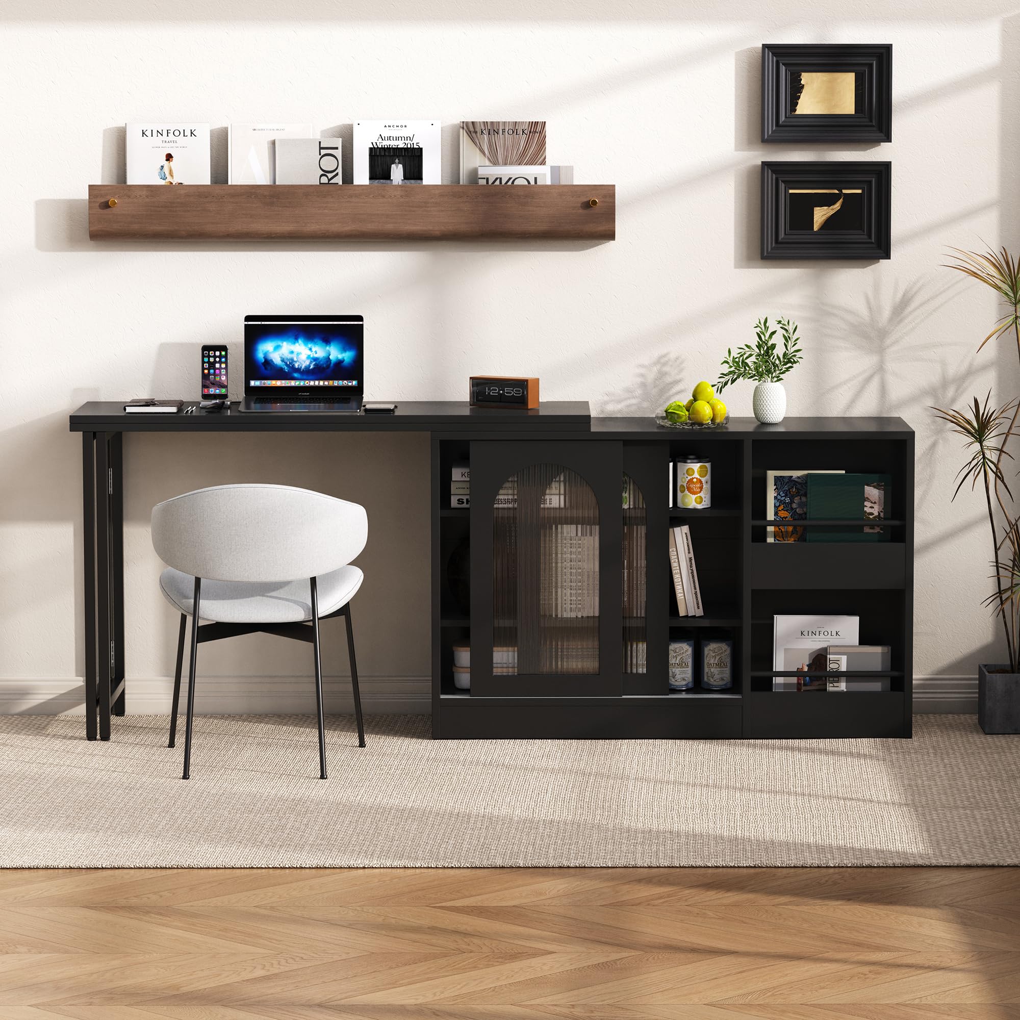 Table De Bar Extensible Avec Rangement – Longueur Réglable 120 à 180 Cm, Plateau Rotatif 360°, Design Noir Ou Blanc