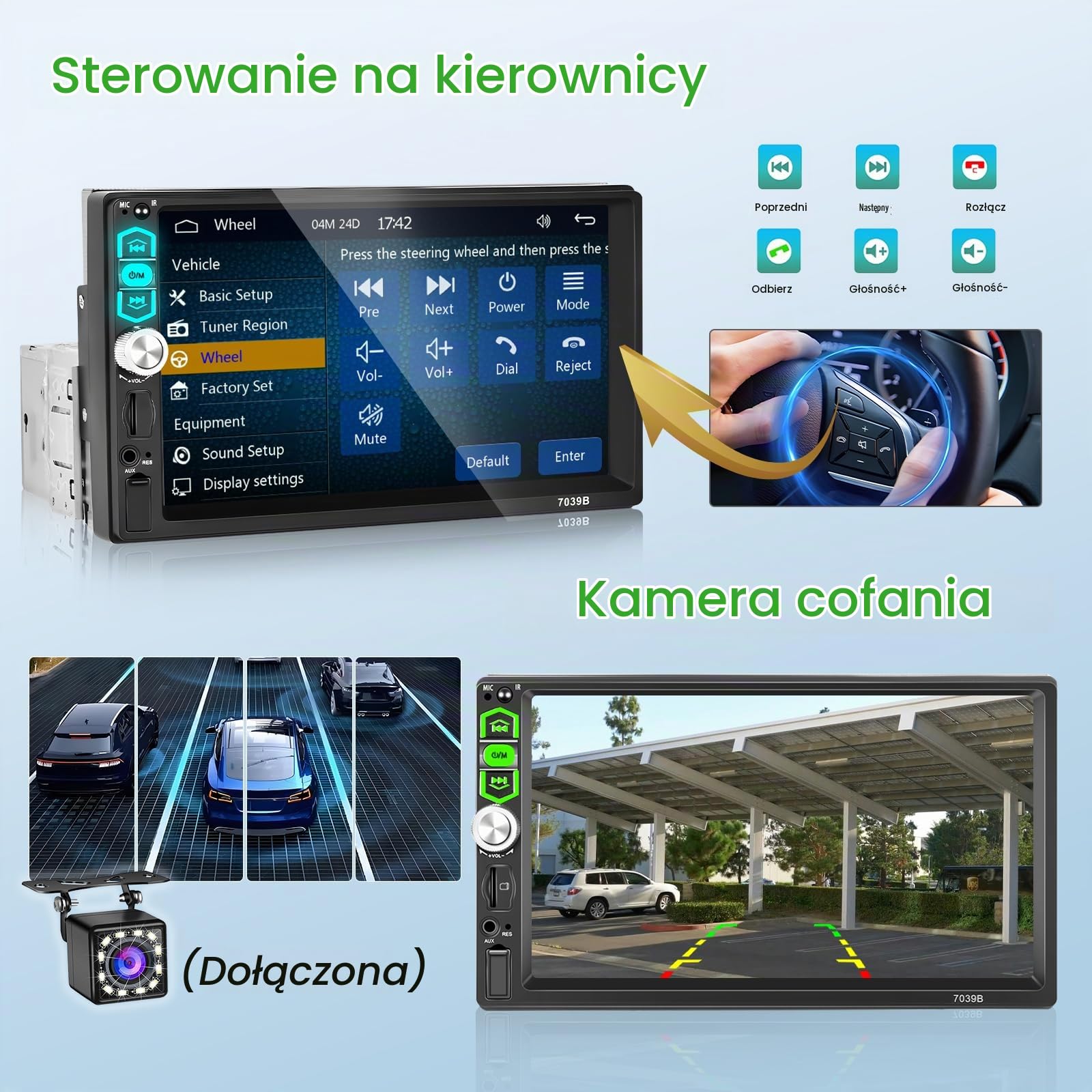 Hikity Radio 1 Din, przewodowe Carplay Android Auto z Bluetooth głośnomówiącym, 7-calowy ekran dotykowy z Mirror Link, FM/EQ/AUX/SD + Kamera cofania + Mikrofon