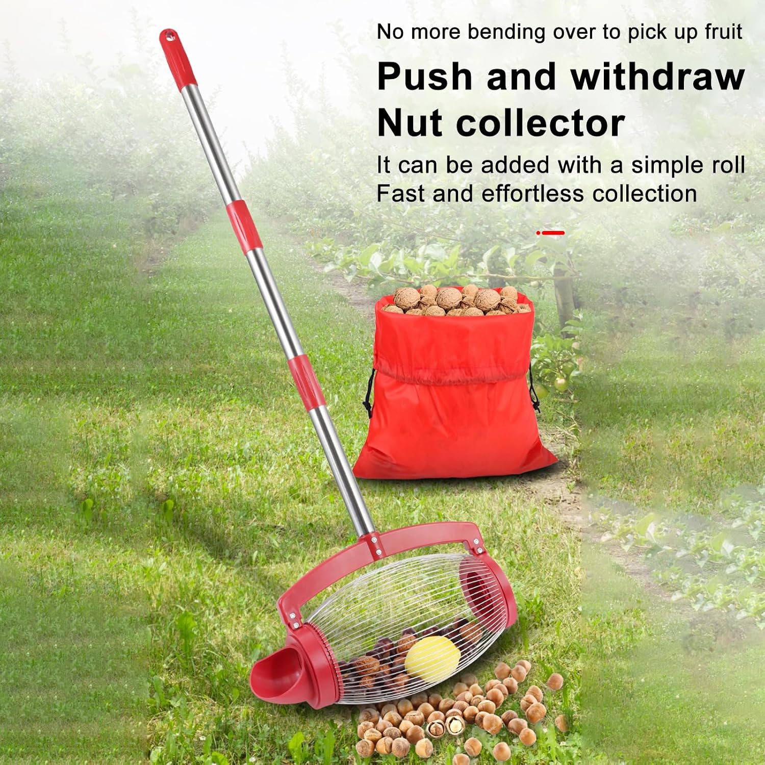 Nut Gatherer Garden Walnut Picker 2 Dumping Large Rolling Picker Upper with 53 5 Strong Pole Picker Collector Ball Picker for Walnuts Pecans Chestnuts Golf Balls Silver