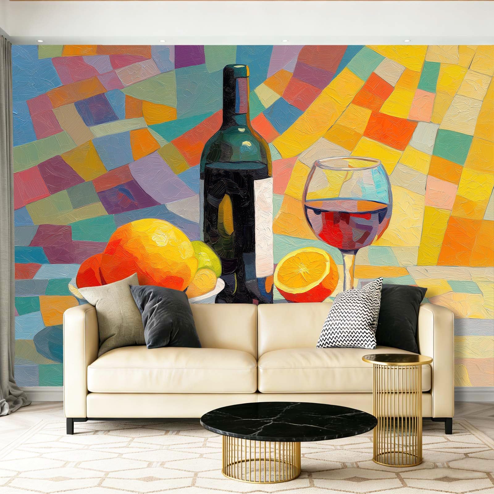 Vliestapete 350 x 256 cm, Moderne Kunst Rotwein Weinglas, Fröhliche Motivtapete für große Kinderzimmer, Bunt