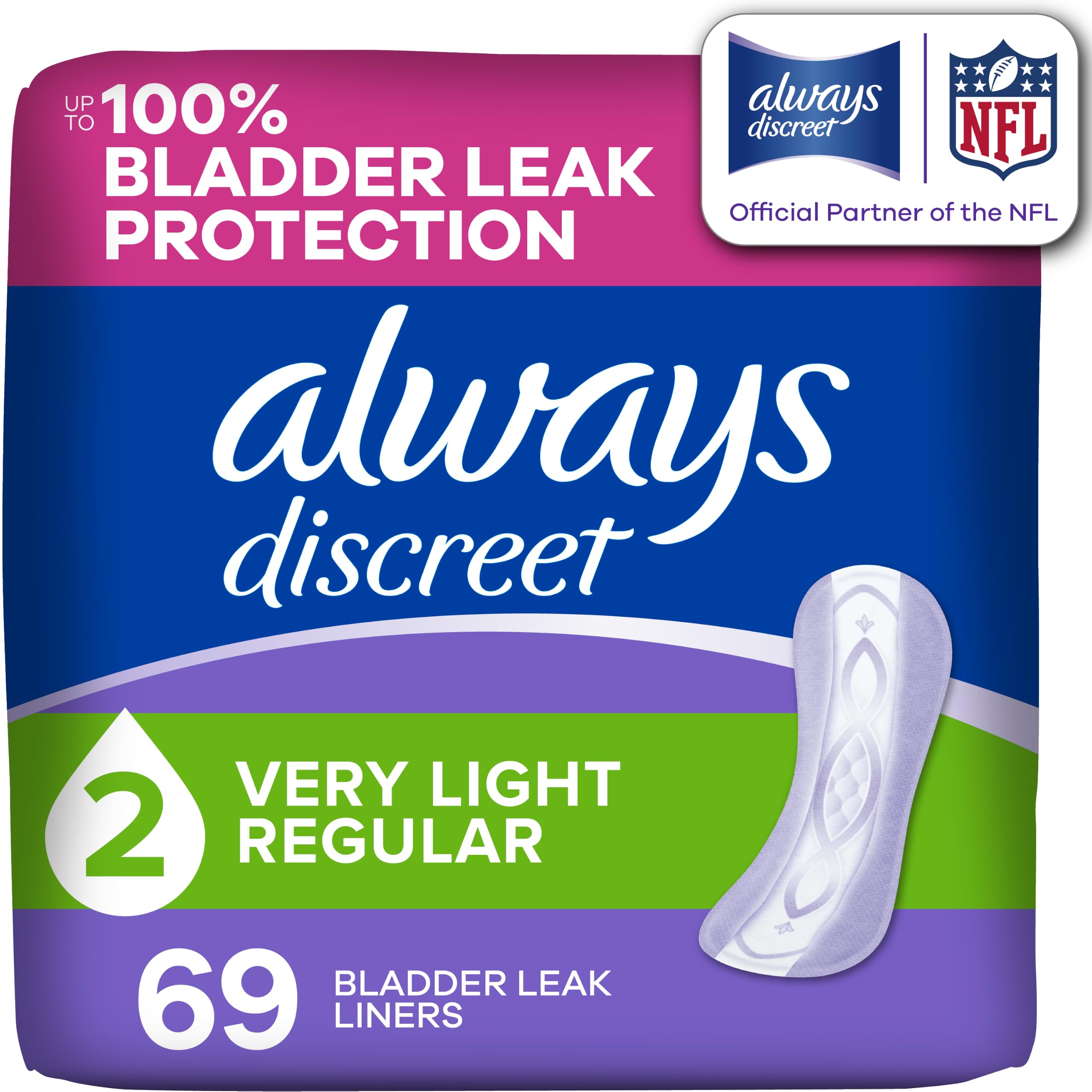 Always Discreet Incontinence Panty Liners for Women with Bladder Leaks, Size 2, Very Light Absorbency, Up to 100% Bladder Leak Protection 69 CT