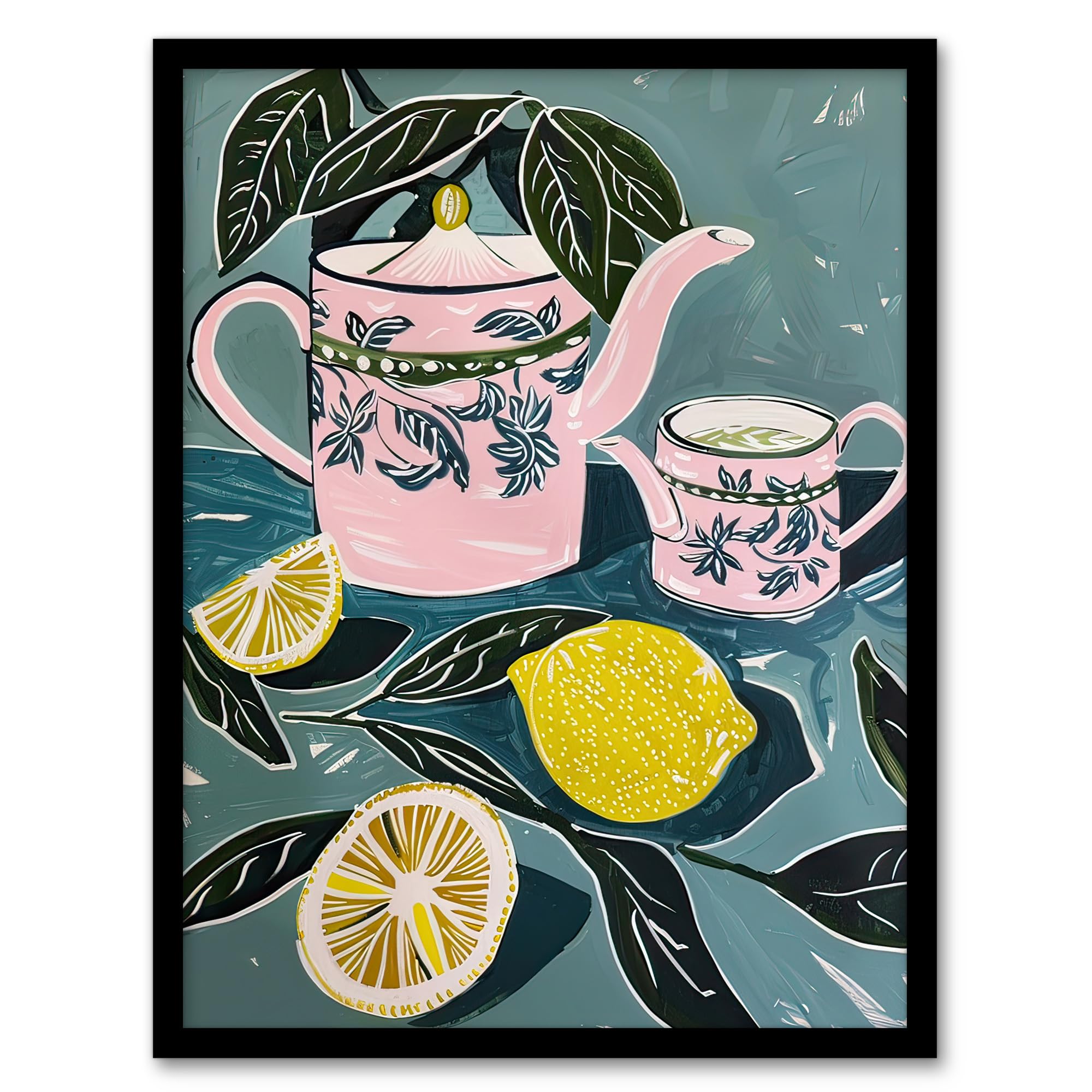 Artery8 Pink Teapot Teacup Lemons Painting Herbal Quirky Kitchen Artwork Framed Wall Art Print A4