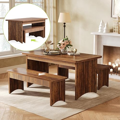 Miniatura 4 de LITTLE TREE Mesa de comedor de 55 pulgadas con 2 bancos, juego de mesa de comedor para 4-6 personas, mesa de cocina de granja con banco, juego de