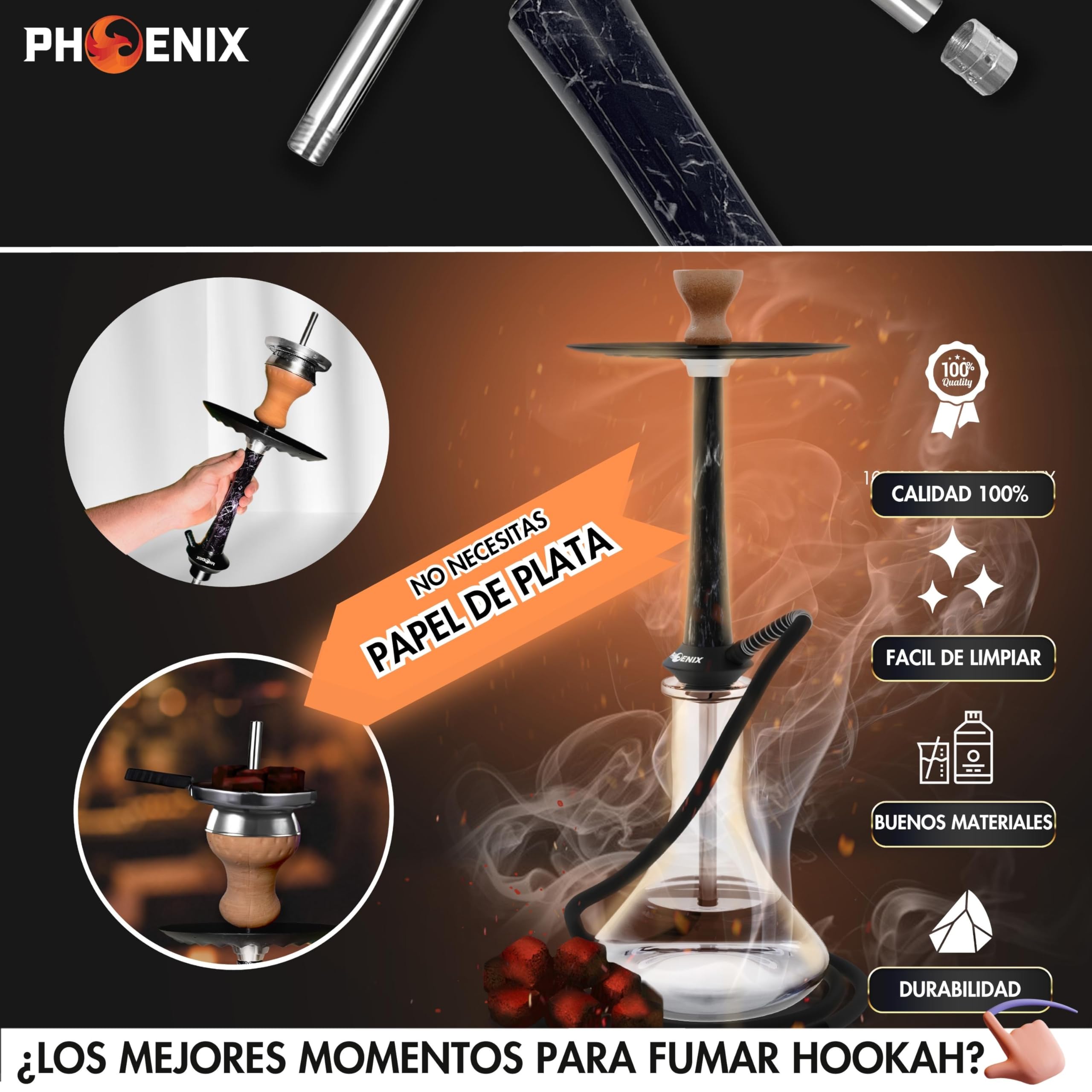 Pack Cachimbas Shisha Buenas 50cm Acero Inoxidable, Resina Negro - Hookah Portatil Boquillas cachimba, Cazoleta Cachimba, Gestor de Calor Shisha, Manguera Cachimba, Pinza, LED Sin Pilas