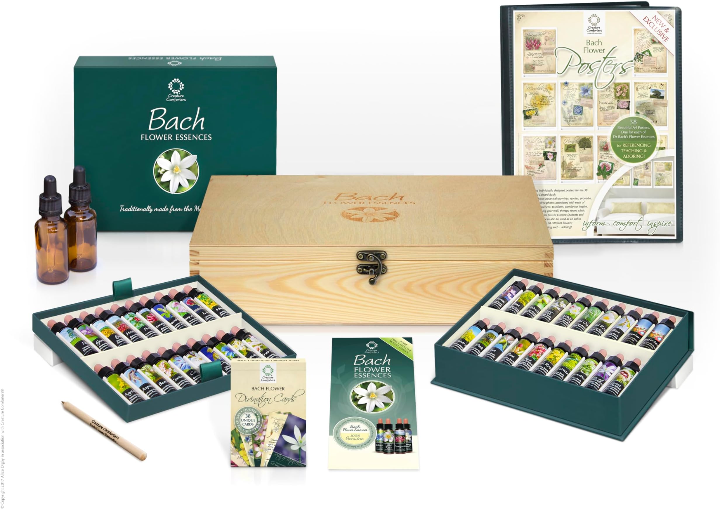 Bach Flower Remedy Complete Kit in Wooden Case. 40 Quality Essences, Pack 30 Divination Cards Free Pen, 4 x Dosage Bottles. Premium Gift Set Box.