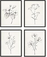 Haus and Hues Grey Floral Wall Art Set of 4 - Vintage Botanical Plant Posters, Black White Flower Prints for Farmhouse Bathroom Rustic Decor (11x14 Unframed)
