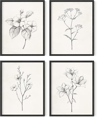 HAUS AND HUES Arte de pared floral gris, juego de 4 pósteres de plantas para pared vintage, impresiones botánicas, cuadros de flores en blanco y