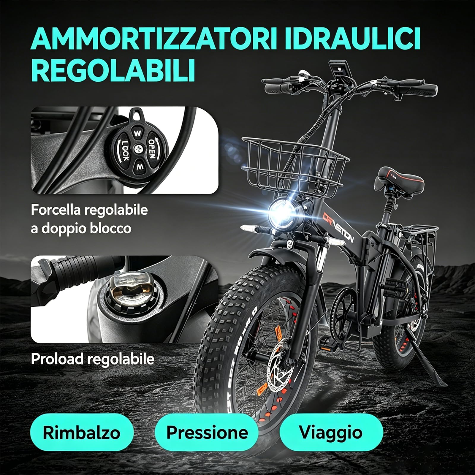 Bicicletta elettrica Pieghevole Pneumatici Fat da 20" x 4" Batteria Rimovibile da 48V 20Ah Massima 25 km/h Autonomia 100–130 km Design uomo donna per Spostamenti Urbani e Rurali AT20 PRO