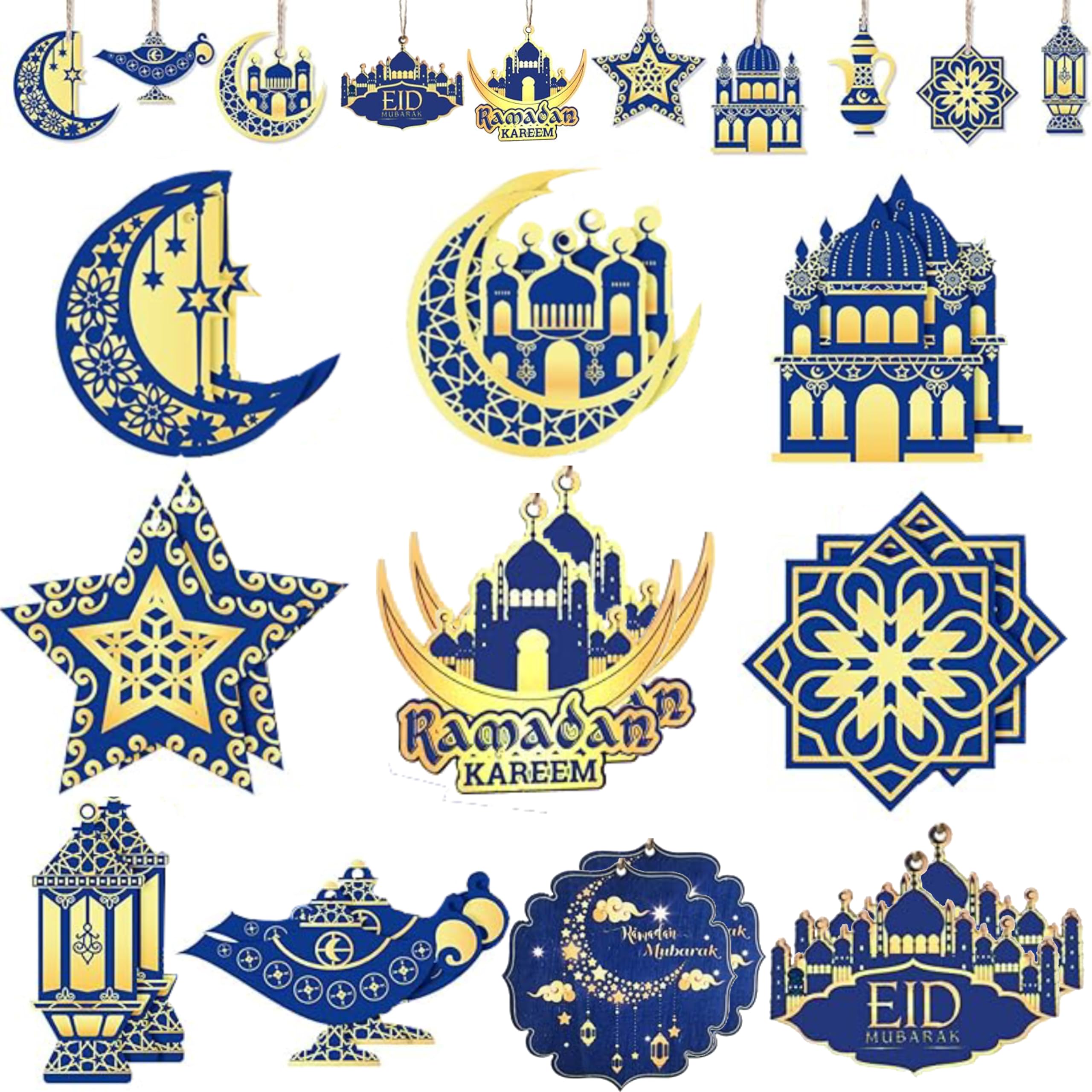 NESLIN Ramadan Kareem 20pcs Wooden Ornaments Eid Decoration Hanging Moon Star Party Supplies Pendant for Trees Wall Home Decor (Blue)