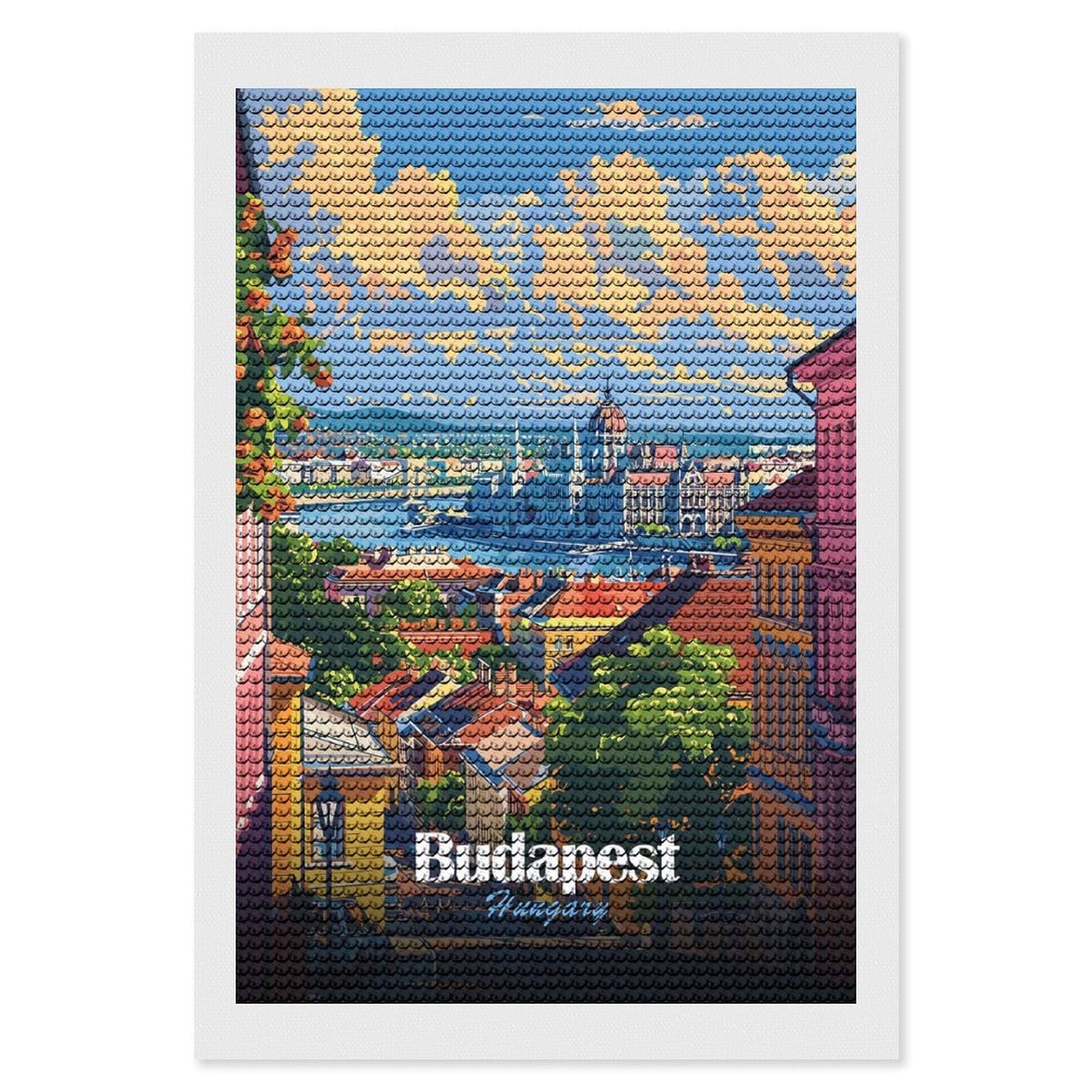 Junmoney Budapest, Hungary Cityscape Illustration DIY Diamond Art Canvas Kit 8"x12", Pleasing Wall Art Project, Easy Handmade Project, Living Room Decor