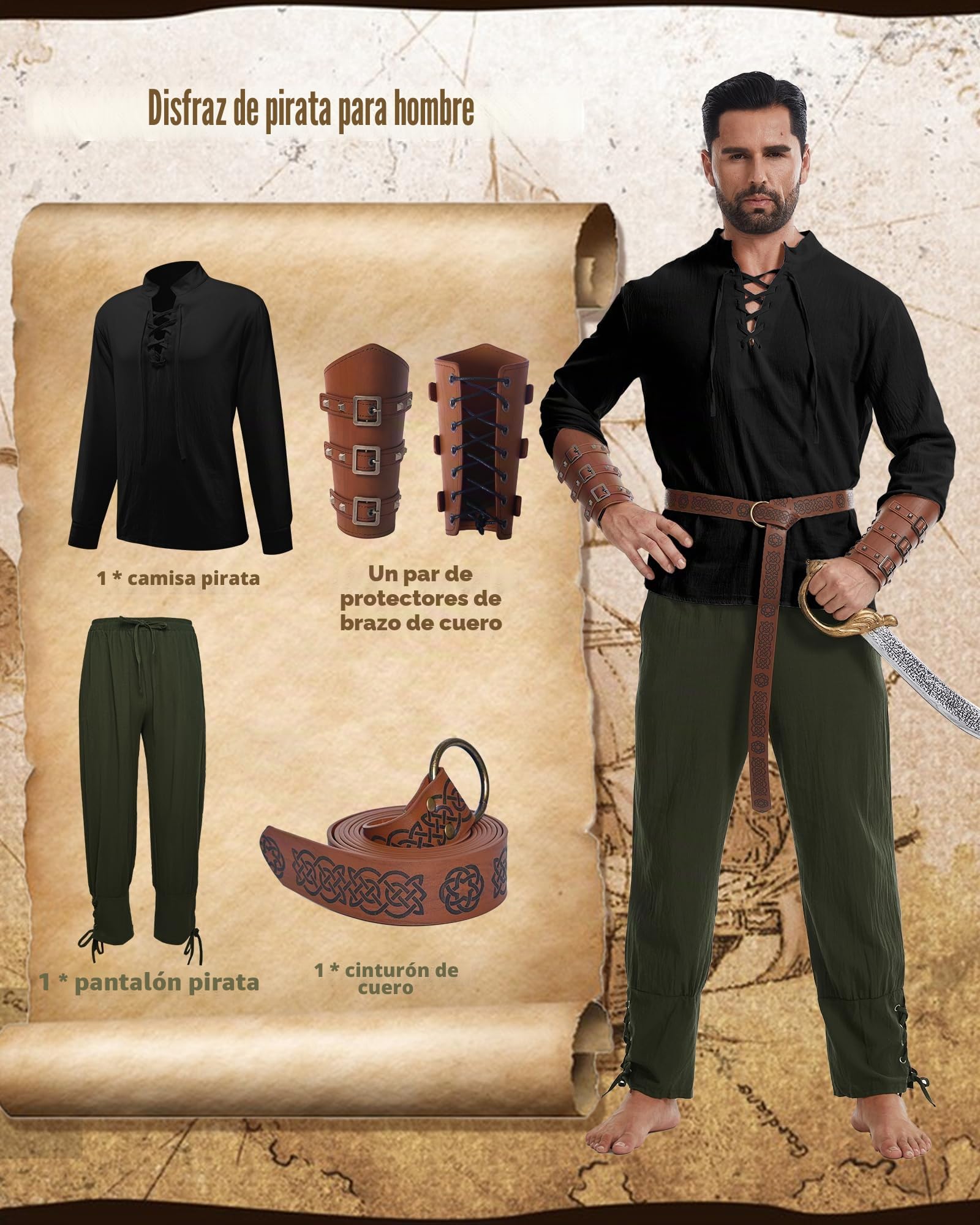 Juego de 5 accesorios para disfraz de pirata, disfraz medieval de pirata con bandana, cinturón, parche para Halloween, capitán y carnaval.