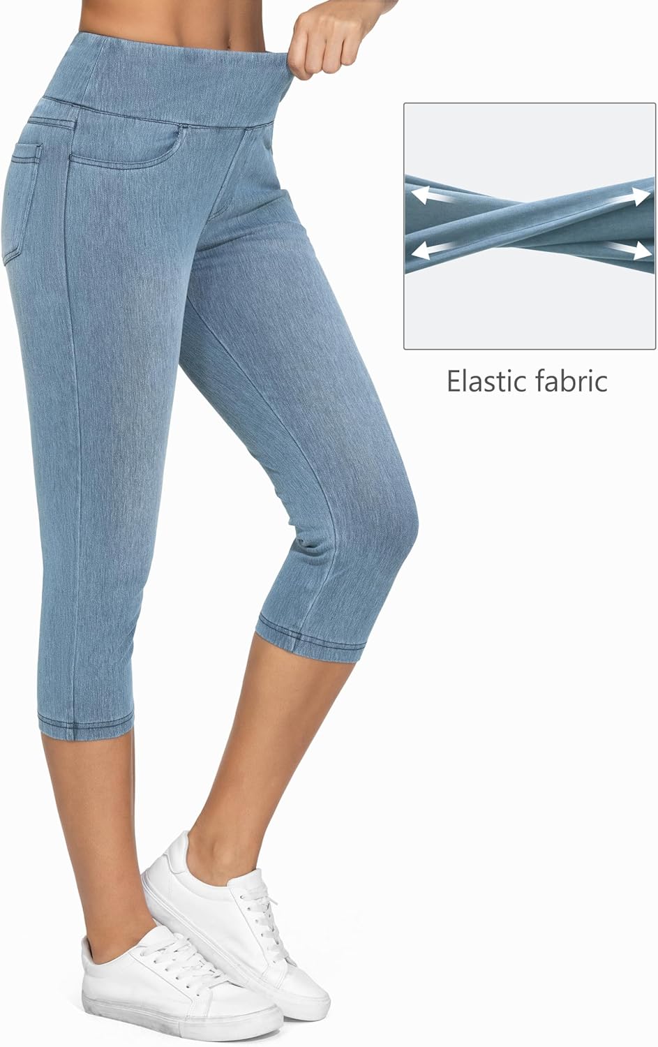 THE GYM PEOPLE Women's High Waisted Stretchy Capri Jeggings Pants Tummy Control Pull on Skinny Jean Leggings with Pockets - Image 4