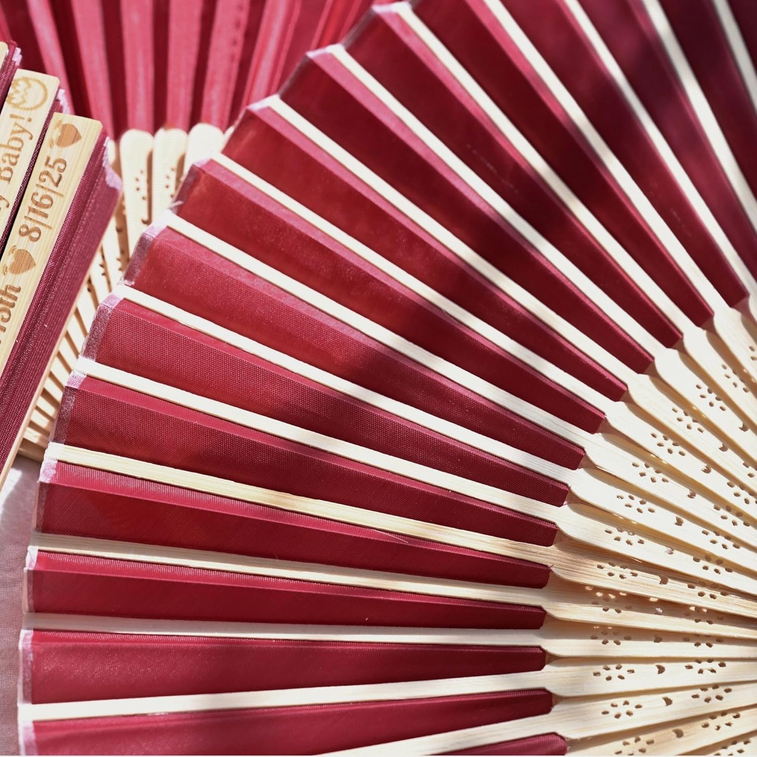 Red Personalized Folding Hand Wedding Fans - Engraved Silk Fans, Custom Bamboo and Silk Fans for Party Favors and Bridal Shower Gifts（20Pcs）