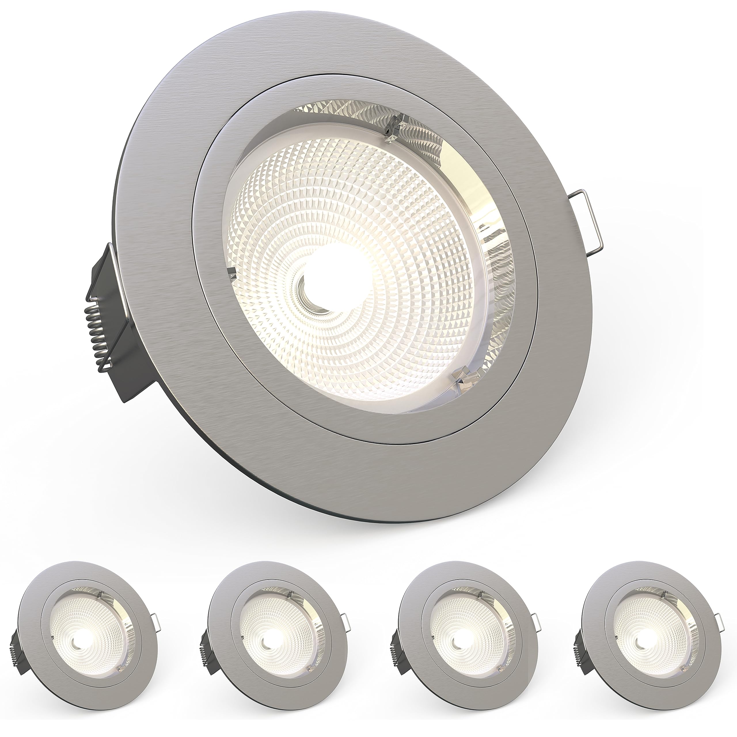 National Lighting Recessed Lighting - Mains Powered LED Spot Lights Downlights for Ceiling - IP20 Rated GU10 Fitting for Halogen or LED - Satin Nickel Finish, Fixed Version – Pack of 4