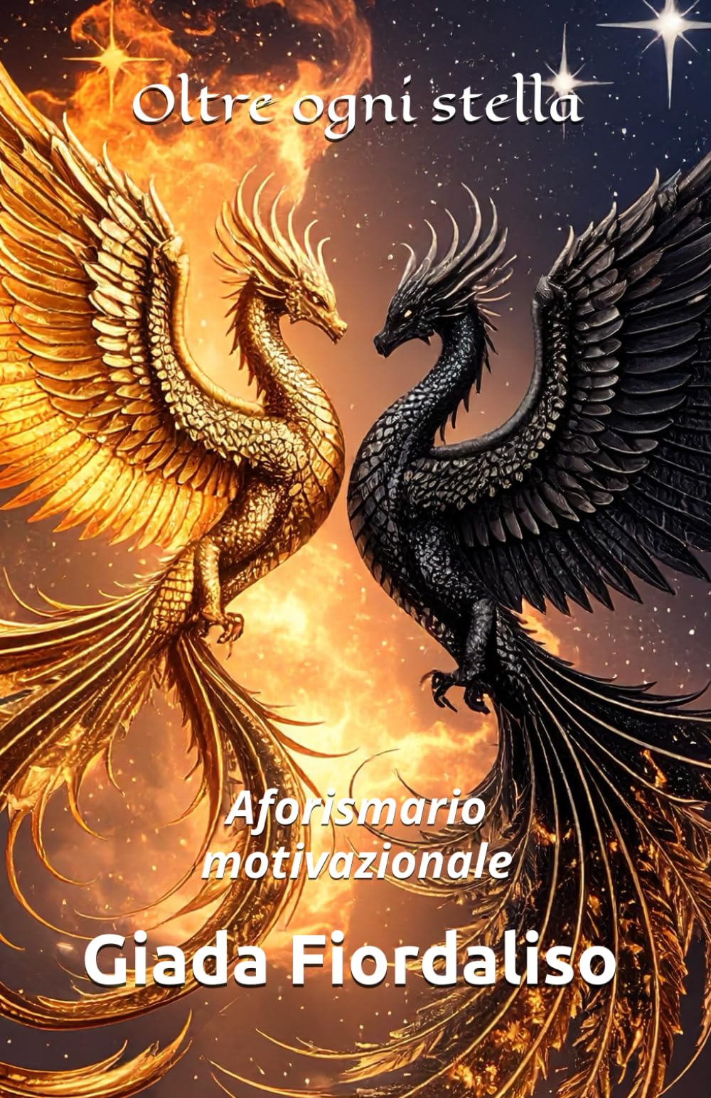 Oltre ogni stella- copertina con draghi e interni a colori con la raffigurazione del cielo stellato sullo sfondo di ogni pagina: Aforismario motivazionale
