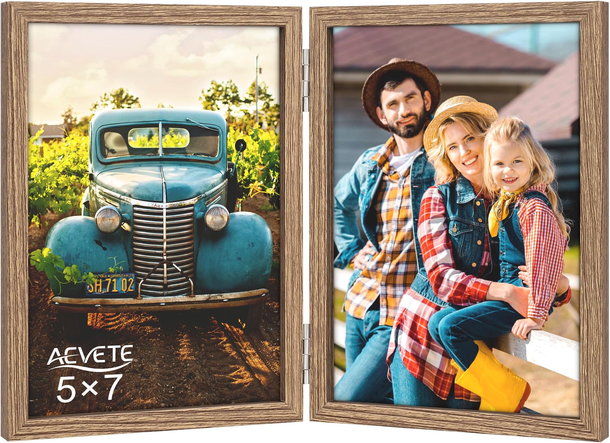 AEVETE 5x7 Picture Frames Double Hinged Wood Folding Photo Frames Vertical with Plexiglass Front