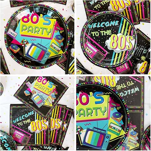 Miniatura 5 de Suministros para fiestas de los años 80  122 piezas, platos, servilletas, manteles para decoraciones de fiesta de regreso a los 80  Sirve 40