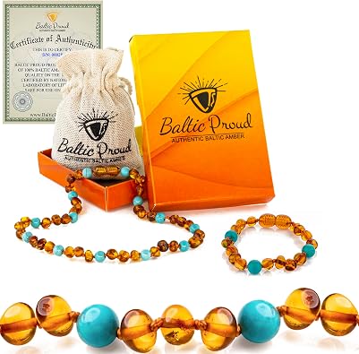 Baltic Proud Amber Necklace and Bracelet Gift Set Unisex Cognac Turquoise 12.5 Inches/5.5 Inches - Certified Premium Quality Raw Baltic Sea Amber