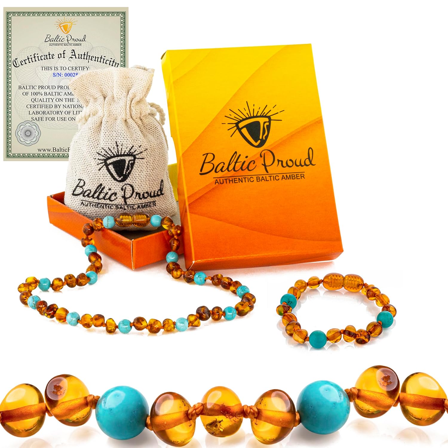Baltic Proud Amber Necklace and Bracelet Gift Set (Unisex Cognac Turquoise 12.5 Inches/5.5 Inches) - Certified Premium Quality Raw Baltic Sea Amber - Main View
