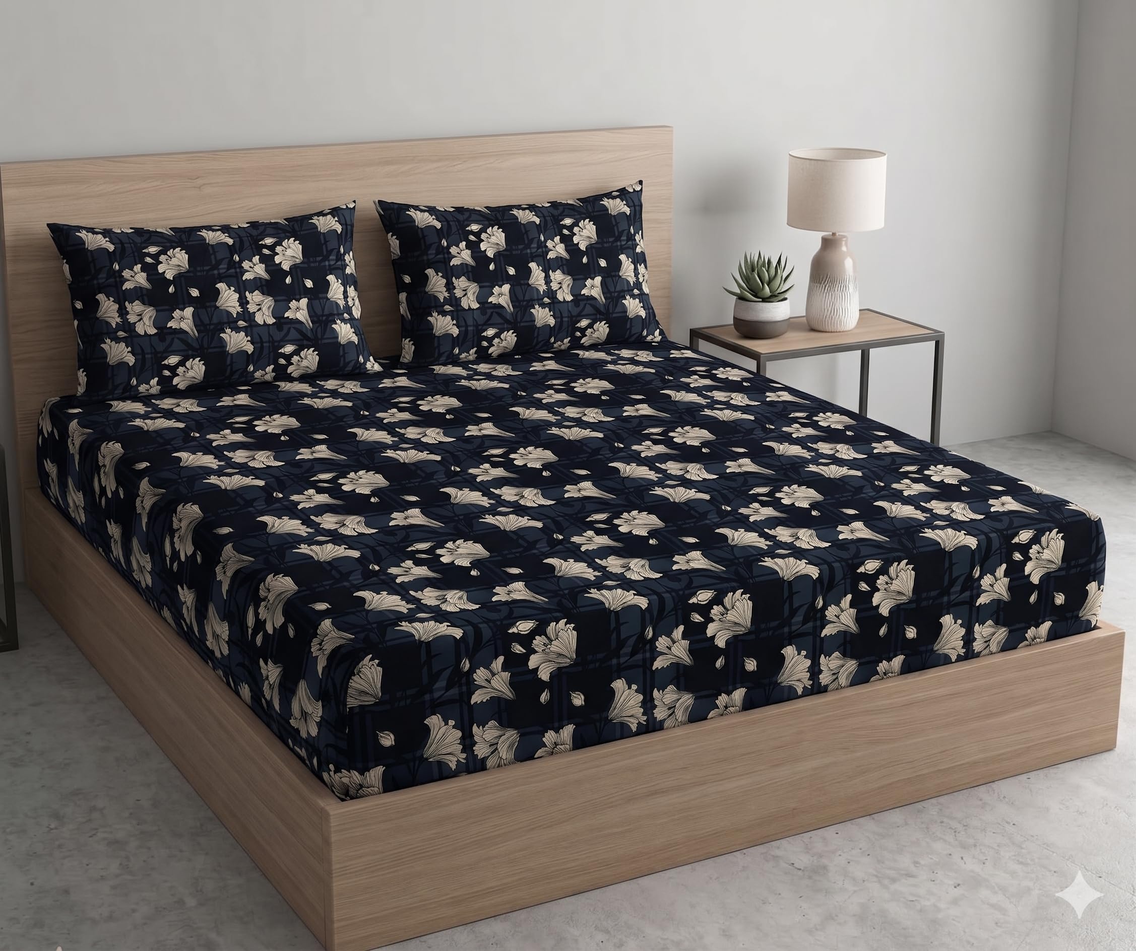 DECOMIZER Cotton Feel All Around Elastic Fitted Glace Printed Queen Size Double Bed Bedsheet with 2 Large Pillow Covers Fits Upto Mattress of 8 Inches,Size - 60 x 78 x 10 Inches, Dark Grey Lily