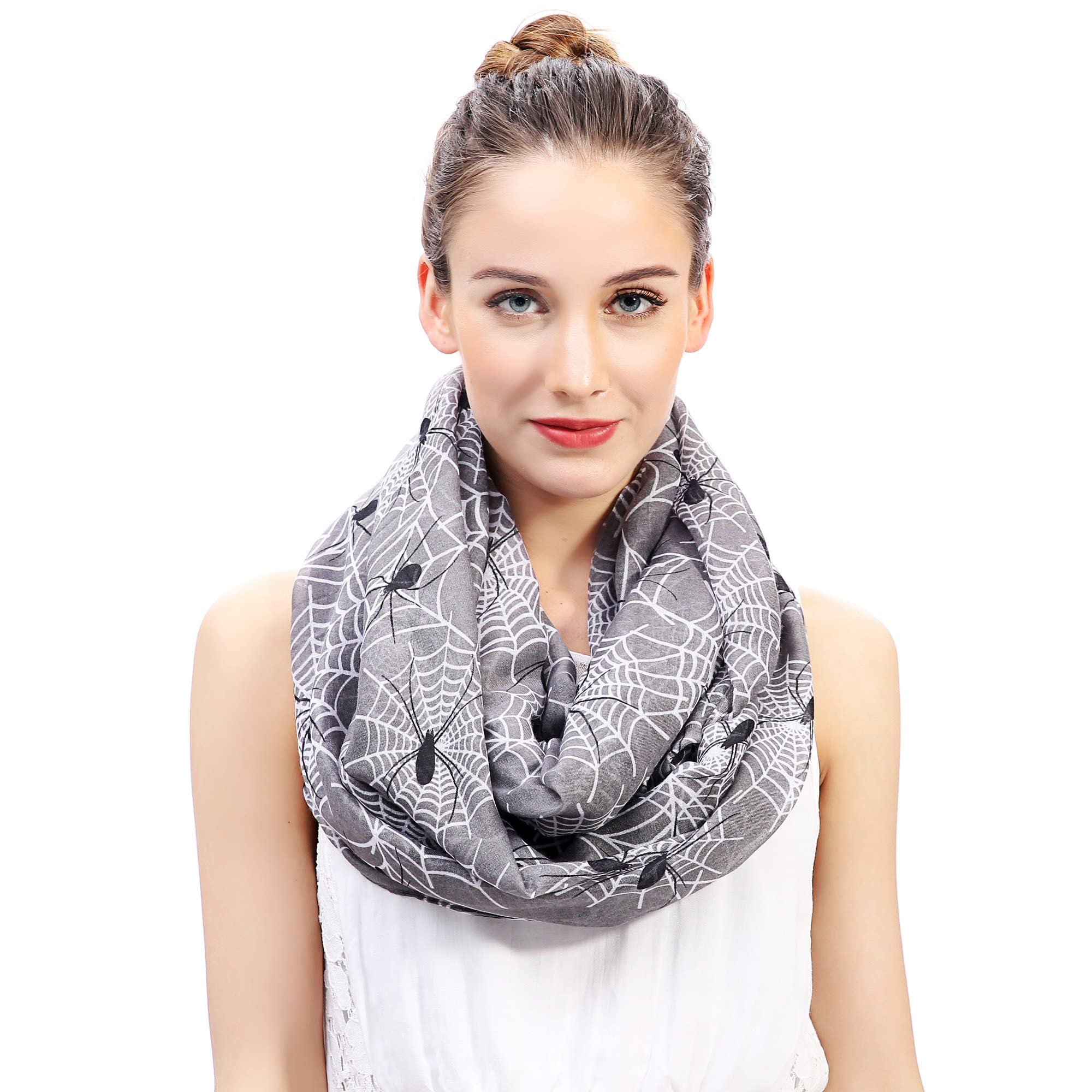 Lina & Lily Halloween Spider Print Lightweight Snood Scarf (Grey)