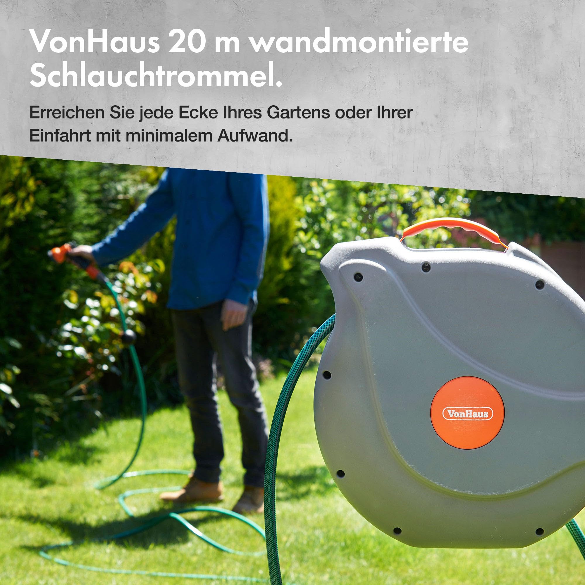 VonHaus Schlauchtrommel 20m, Wandmontierte Gartenschlauch Trommel mit Automatischer Aufrollfunktion, Auto Lock, 180° Schwenkbar Schlauchbox, Schlauchaufroller Inkl. 8 Funktionen Sprühpistole