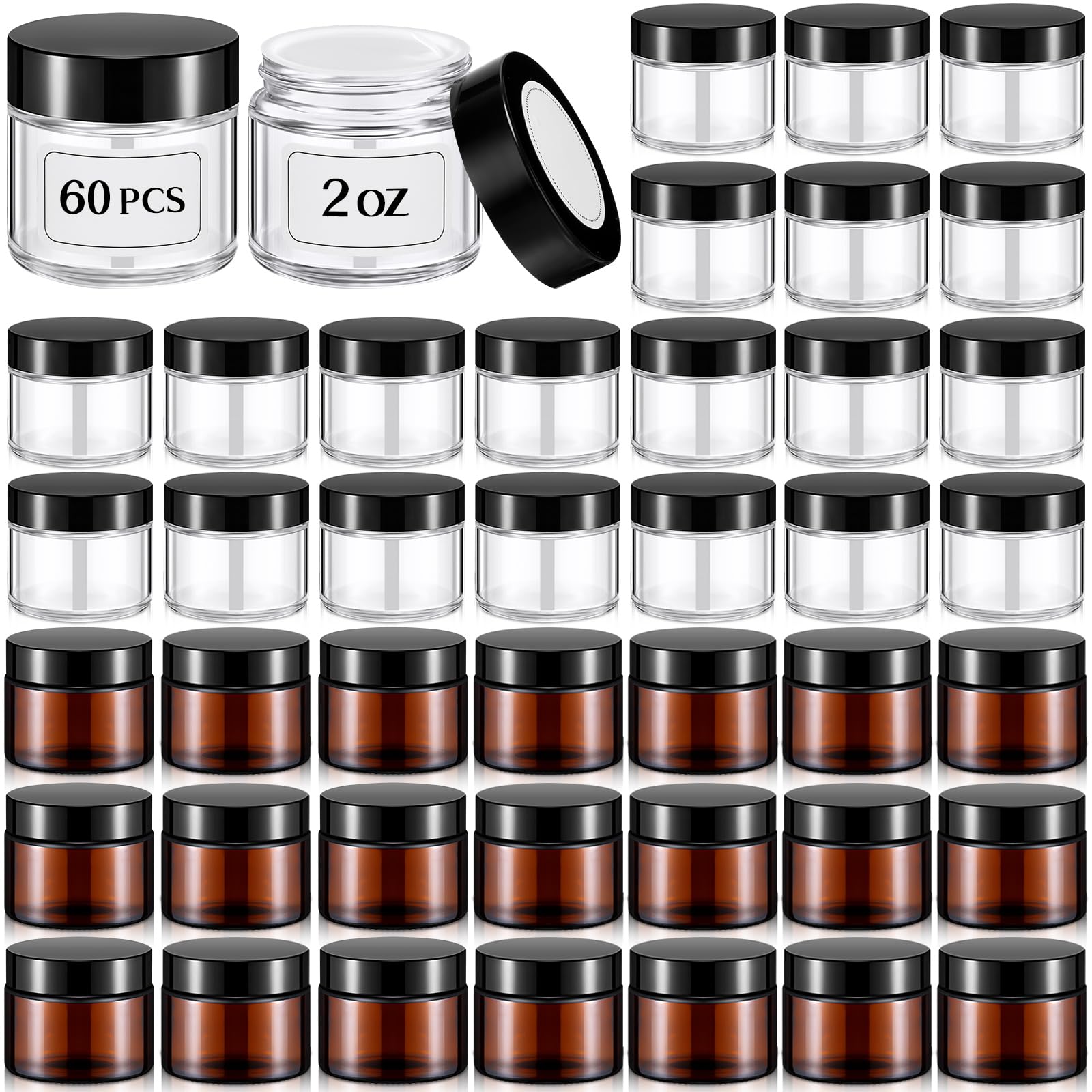 Layhit 60 Pcs 2 oz Glass Jars with Lids Bulk, Small Jars Containers Travel Storage Jar with Inner Liners Labels for Candle Scrubs, Lotions, Cream, Lip