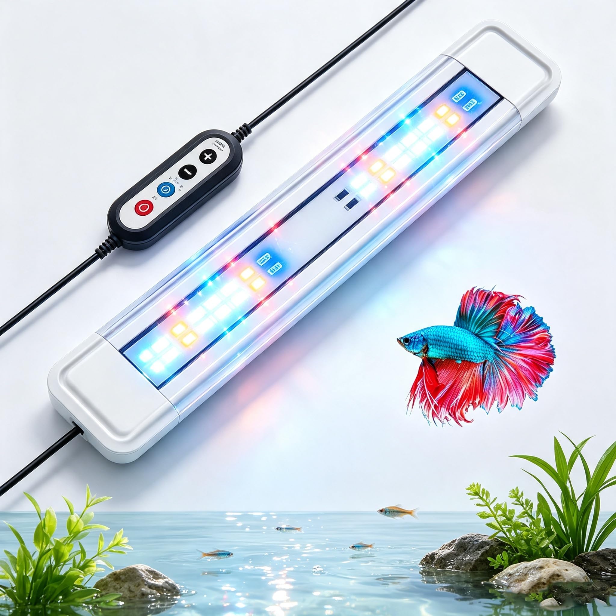 AQUASMITH Luz de acuario, peces más agua roja no es, luz específica de espectro completo para pecera, viene con dos soportes de montaje, función de temporización, función de memoria, brillo ajustable