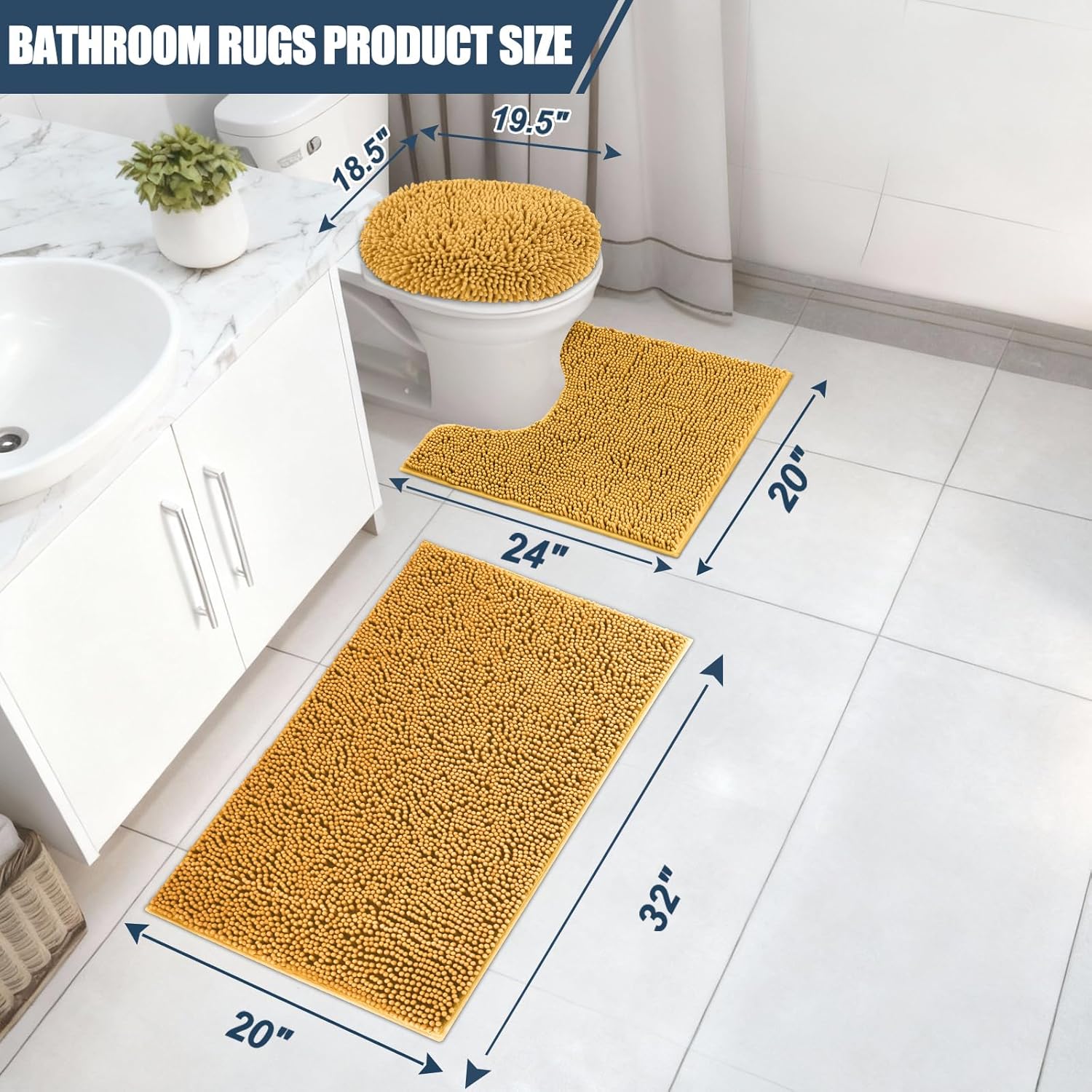 Bathroom Rugs Sets 3 Piece with Adjustable Toilet Seat Cover 19.5"x 18.5" Machine Washable Bath Rug Set with TPR Non Slip Rubber Backing Solid Bath Mat Set for Luxury Bathroom Decoration