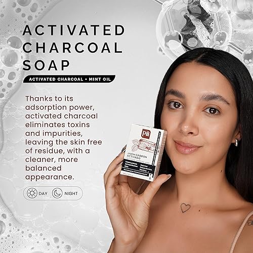 Miniatura 4 de Pili Natural Barras de jabón de carbón activado con aceite de menta (paquete de 3). Barras de jabón desintoxicantes naturales para rostro y cuerpo.