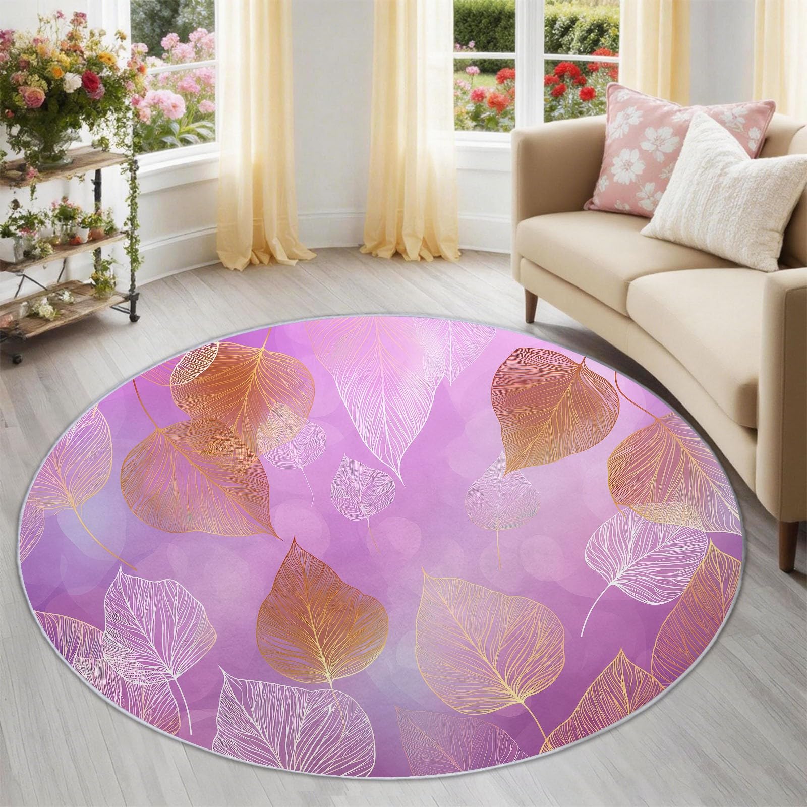 Tapis rond 120 cm feuilles abstraites pour sublimer une chambre de bébé rose