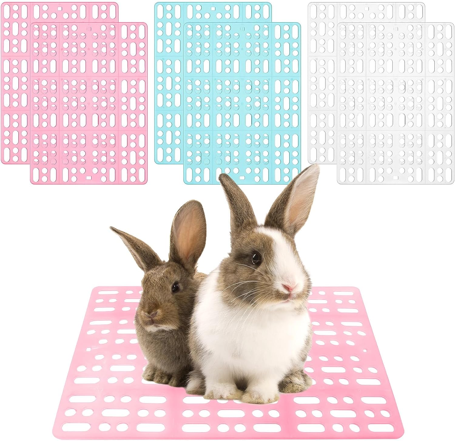 BICHENHWAI 6-Pack Leak-Proof Pet Cage Mats 13.3x9.8" for Rabbits Guinea Pigs - Durable Plastic Floor Pads with Buckles Blue/Pink/White
