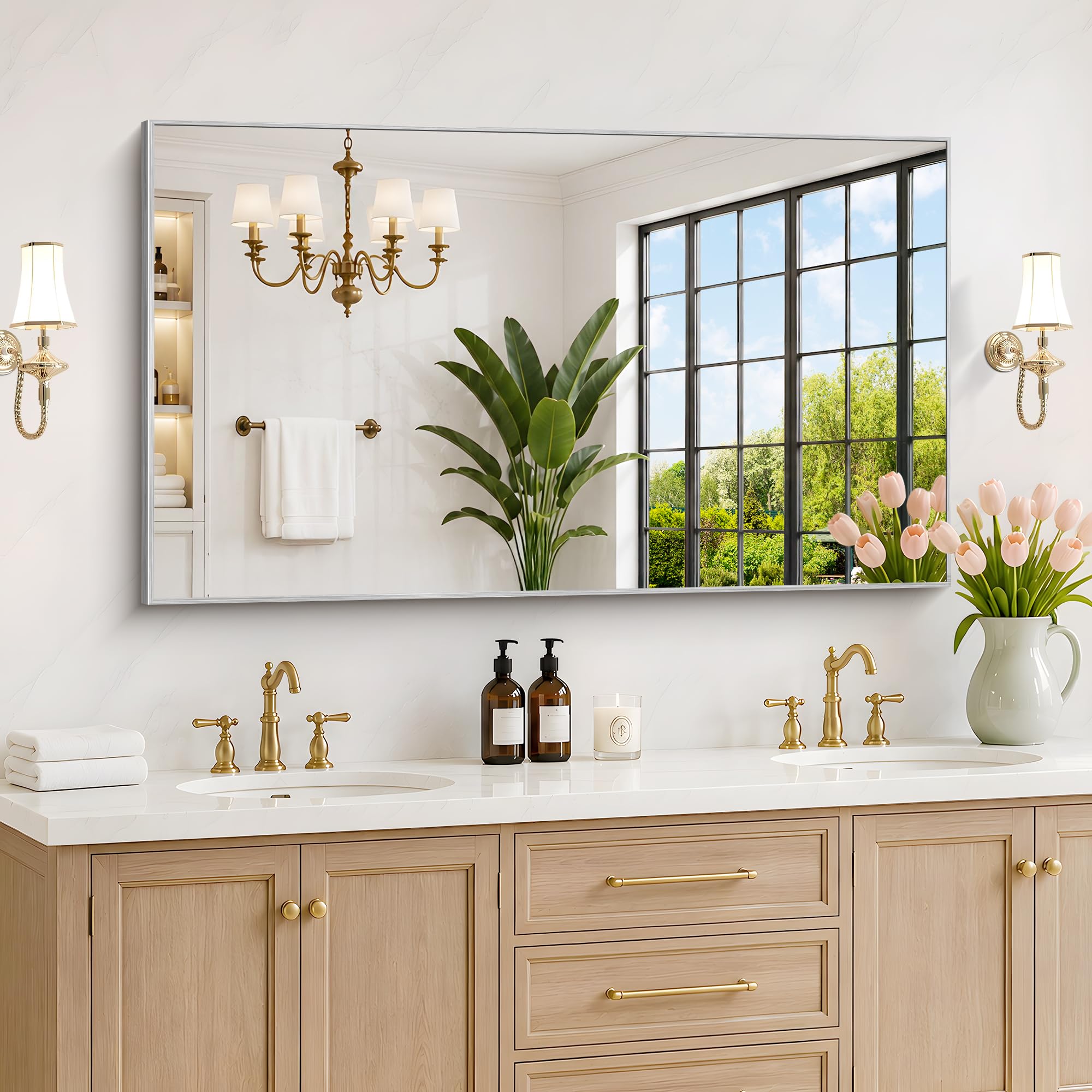 DESBING 30" x 50" Bathroom Mirror, Silver Metal Frame Wall Mirror
