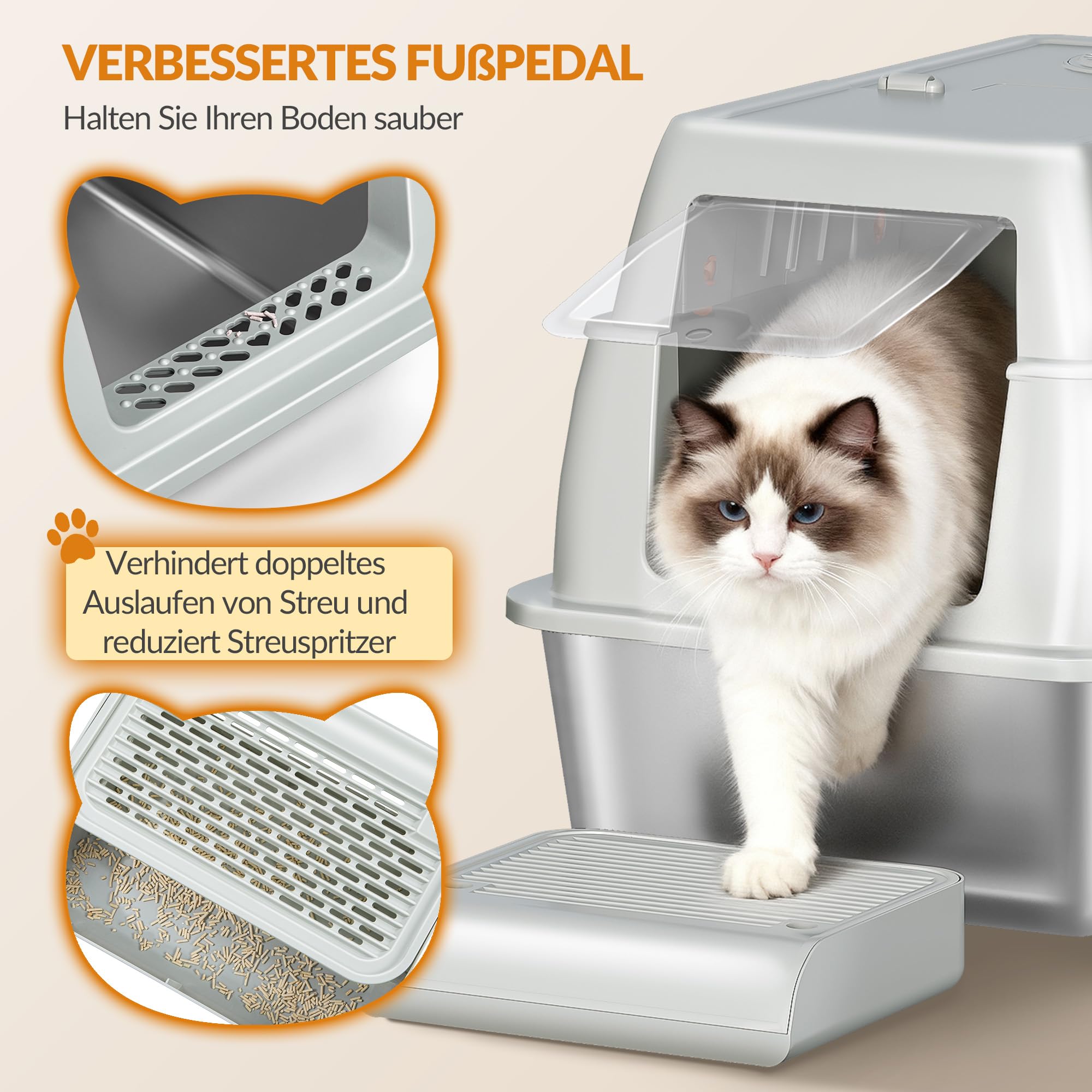 Edelstahl Katzenklo mit Deckel XXL, 61 x 41 x 40 cm, Hellgrau | Geschlossene Katzentoilette, 180°Klappdeckel, Inklusive Pedal und Schaufel, Leicht zu Reinigen, Modulares Design FPLB203SG1