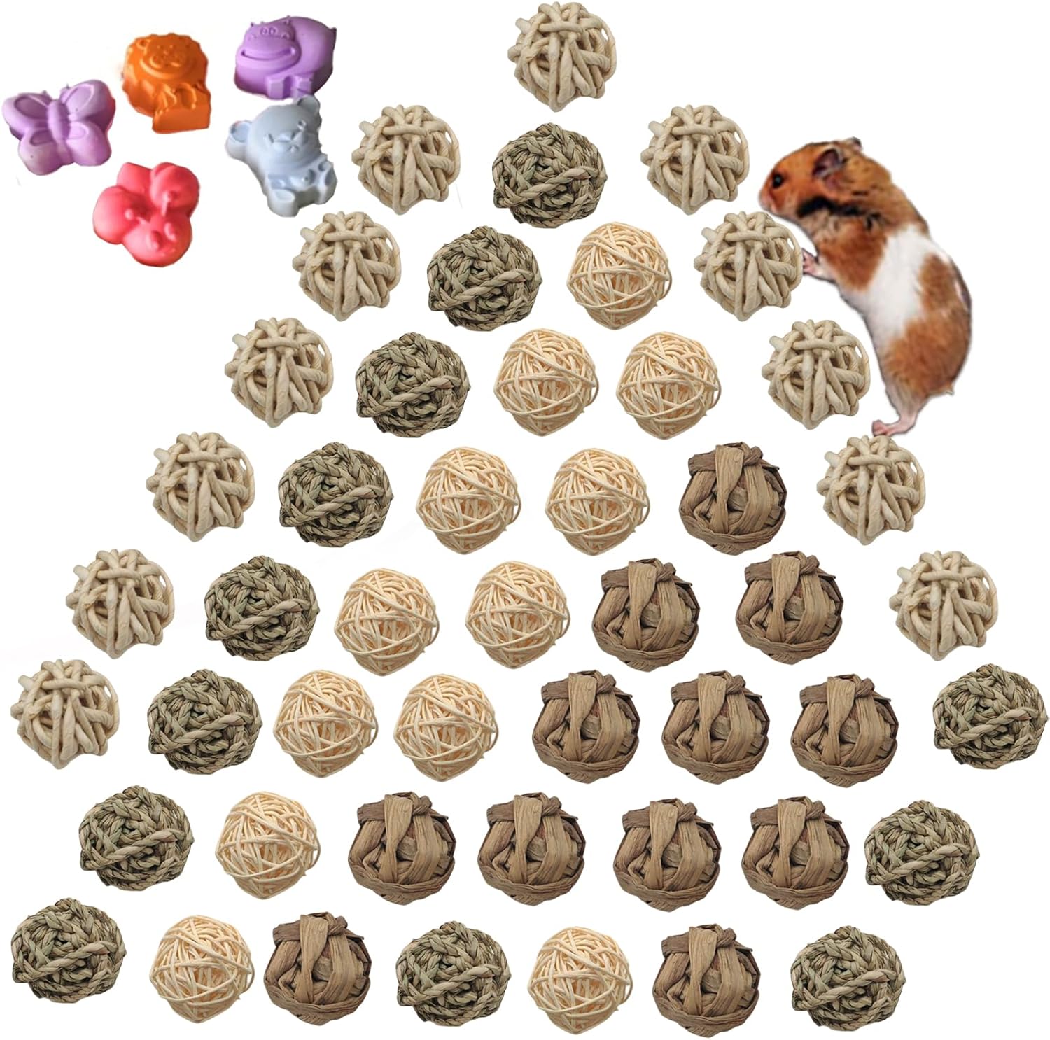 Hamiledyi 48PCS Rabbit Grass Balls 1.96in Guinea Pig Balls Small Animal Activity Enrichment Toy for Bunny Chinchilla Hamster Gerbil Grinding Playing