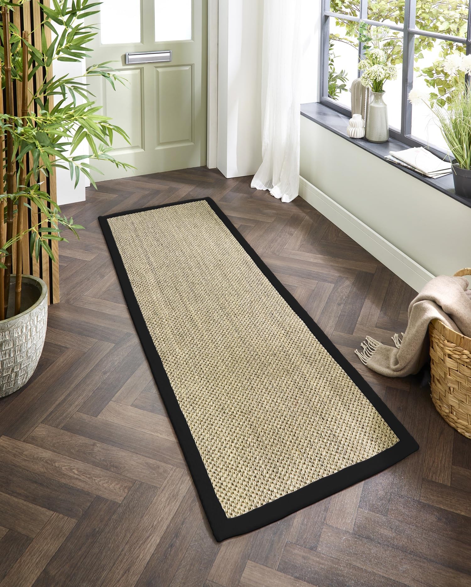 Lord of Rugs Sisal Area Rug with Hand Stitched Border, Non-Slip Durable Natural Modern Bordered Carpet for Living Room, Hallway Flatweave Rug Light Beige/Black Border, Runner 67 x 300 cm (2'3"x10')