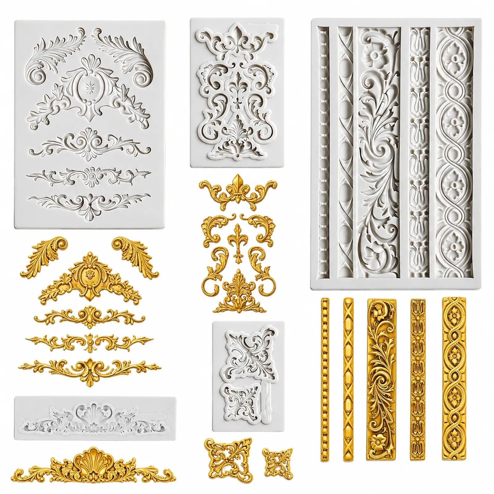 5PCS Fondant Molds Set, 3D Handmade Silicone Mold, Clay Molds, Baking Baroque Silicone Mold, Suitable for Pudding Cakes, Chocolate Candies and Wedding Cake Decorations