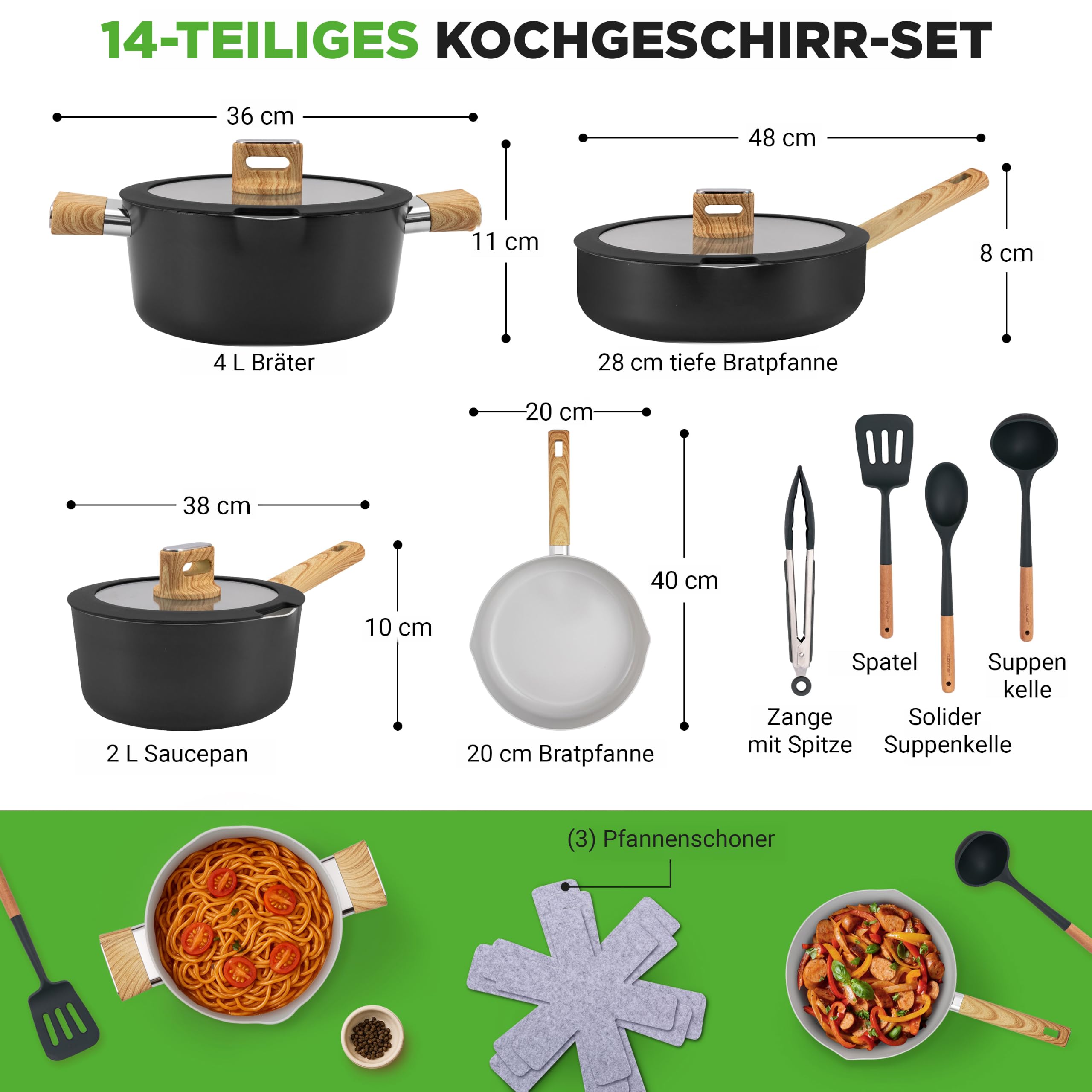 NutriChef Topfset Pfannenset Induktion, 14 Teilig, Schwarz – Keramik Antihaft Kochgeschirr mit Abnehmbaren Klappgriffen, Glasdeckeln, Platzsparender Aufbewahrung und Gleichmäßiger Wärmeverteilung