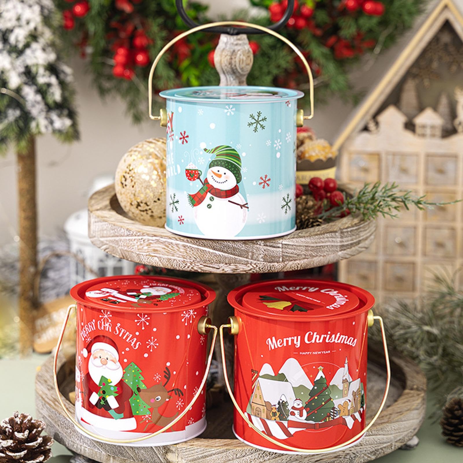 Scatole natalizie per dolci, contenitori per biscotti natalizi con manico | e coperchio, per caramelle, pasticceria, esposizione, conservazione, feste