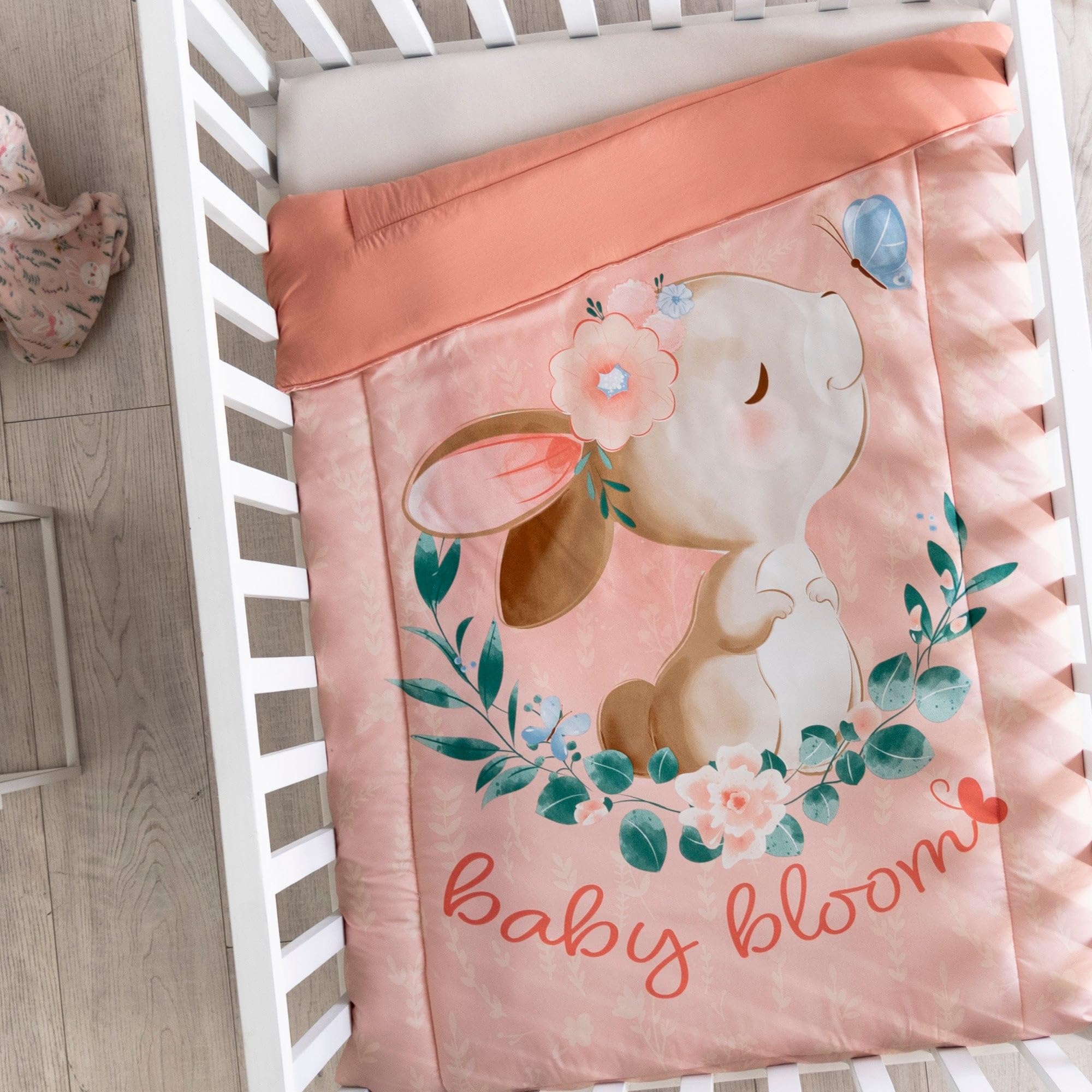 Vianney Baby Little Bunny Crib Comforter Set – 3-Piece Light Pink Bedding with Floral Bunny Design, Includes Duvet, Pillowcase, and Crib Sheet