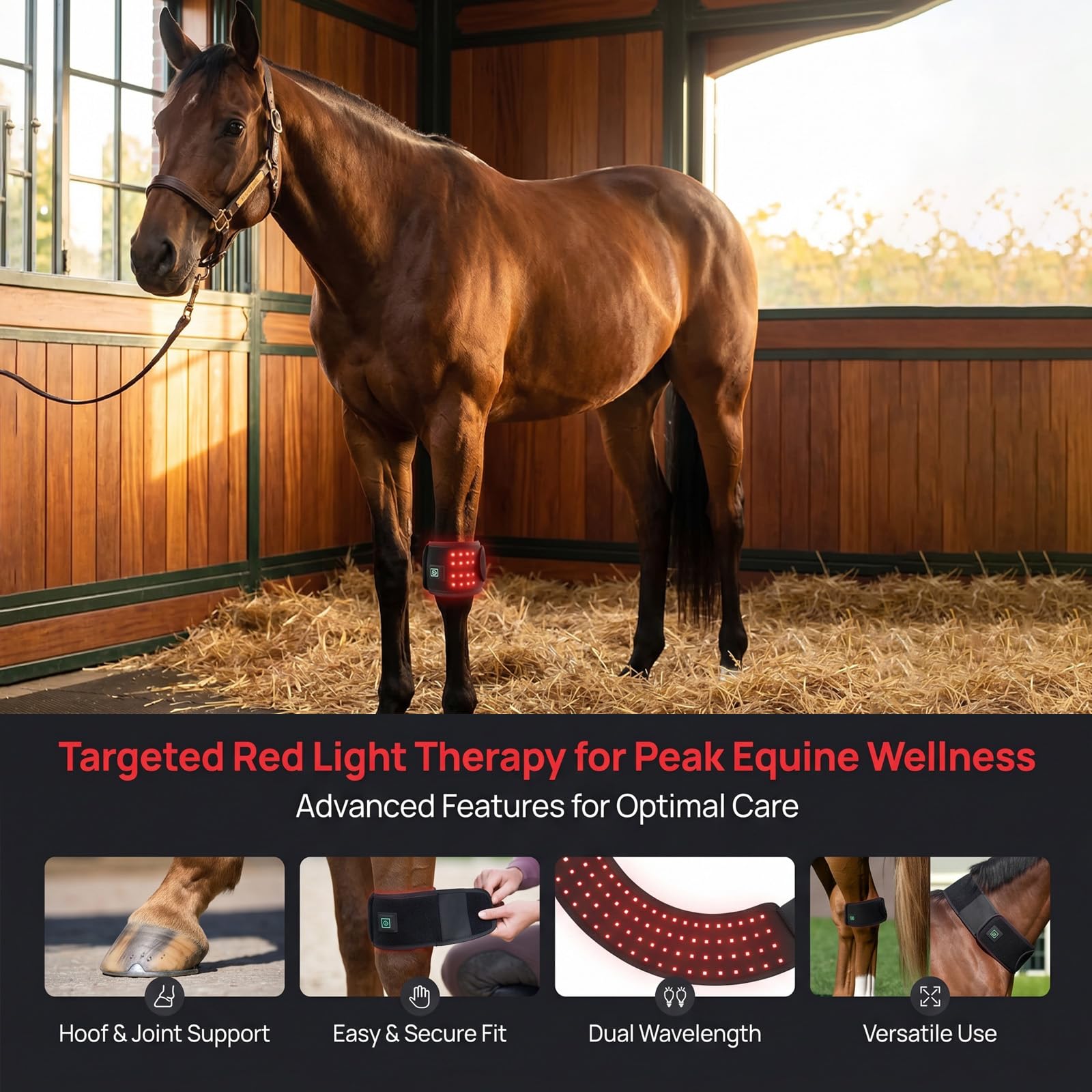 Envoltura Portátil De Terapia De Luz Roja para Caballos: Alivio Eficaz del Dolor En Cascos Y Corvejones para Mascotas, Fototerapia Portátil para La Salud Y Recuperación Equina.